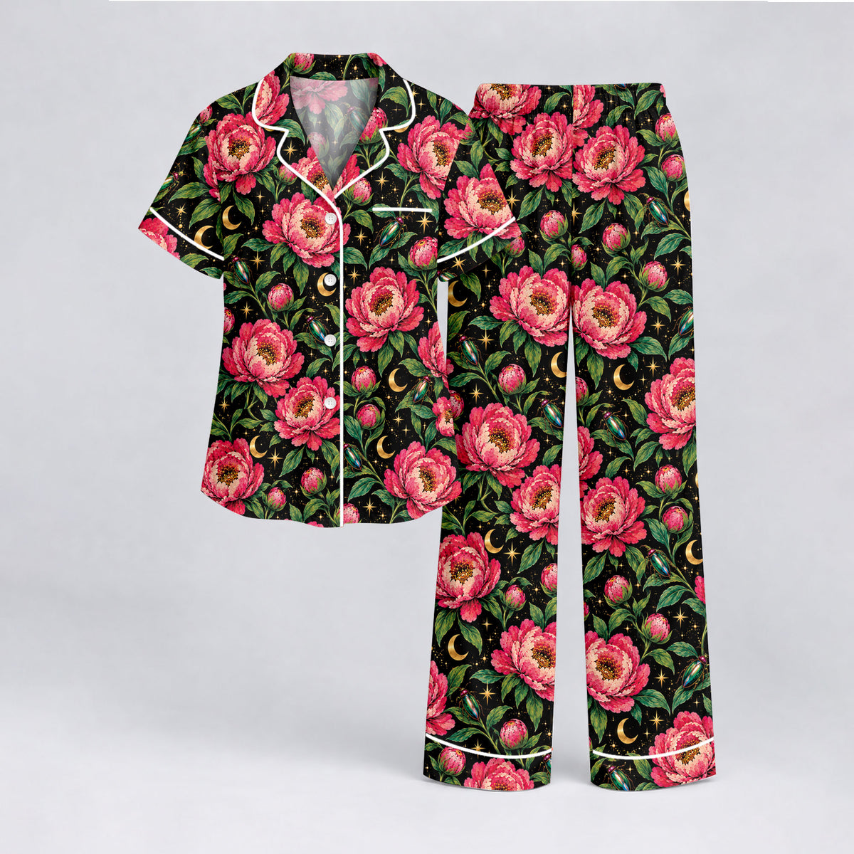 Floral Peony Pajama Set, Celestial Moon Garden Sleepwear, Cozy Long Sleeve Button Down Pajamas For Women