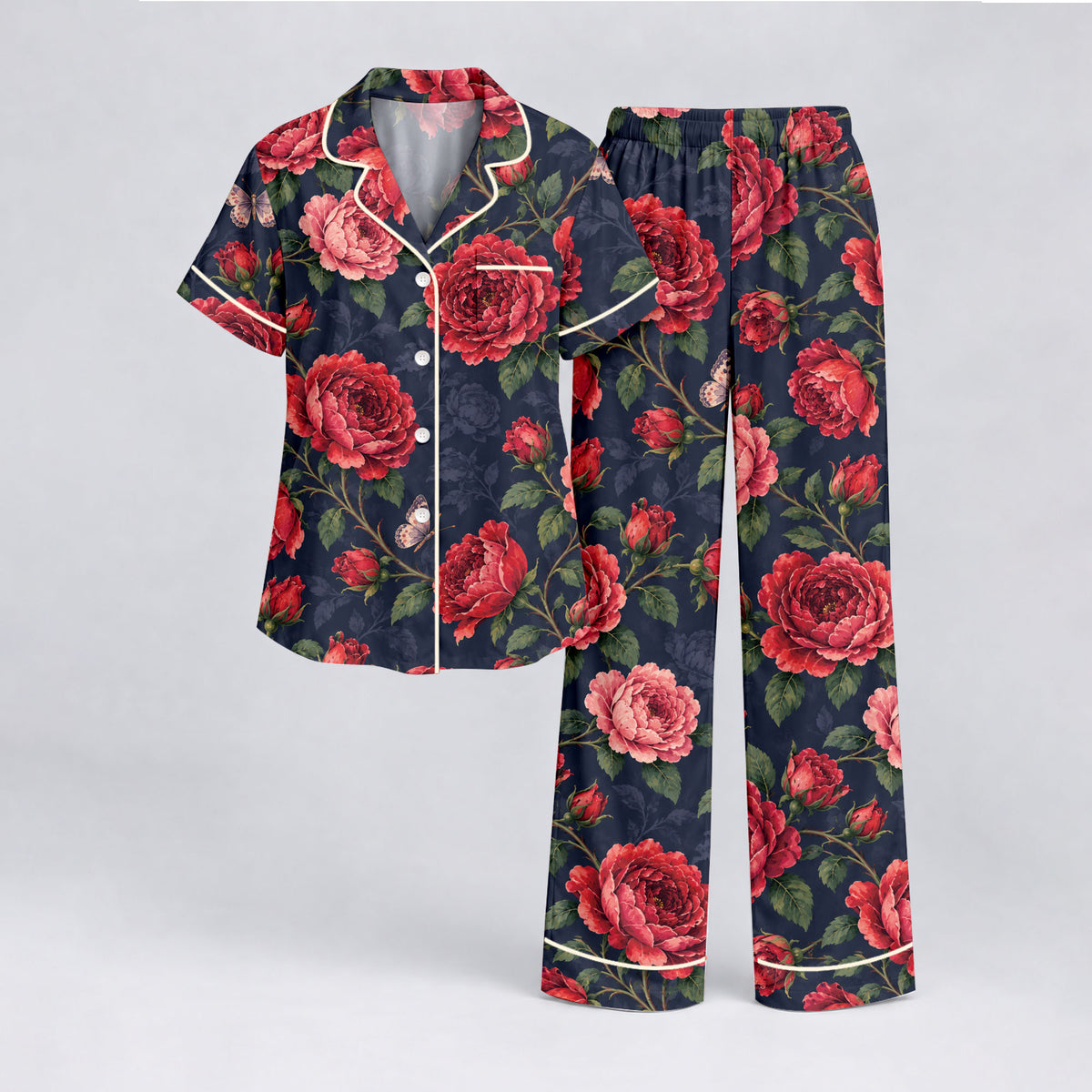 Floral Rose Pajama Set, Vintage Red Rose Butterfly Sleepwear, Cozy Long Sleeve Button Down Pajamas For Women