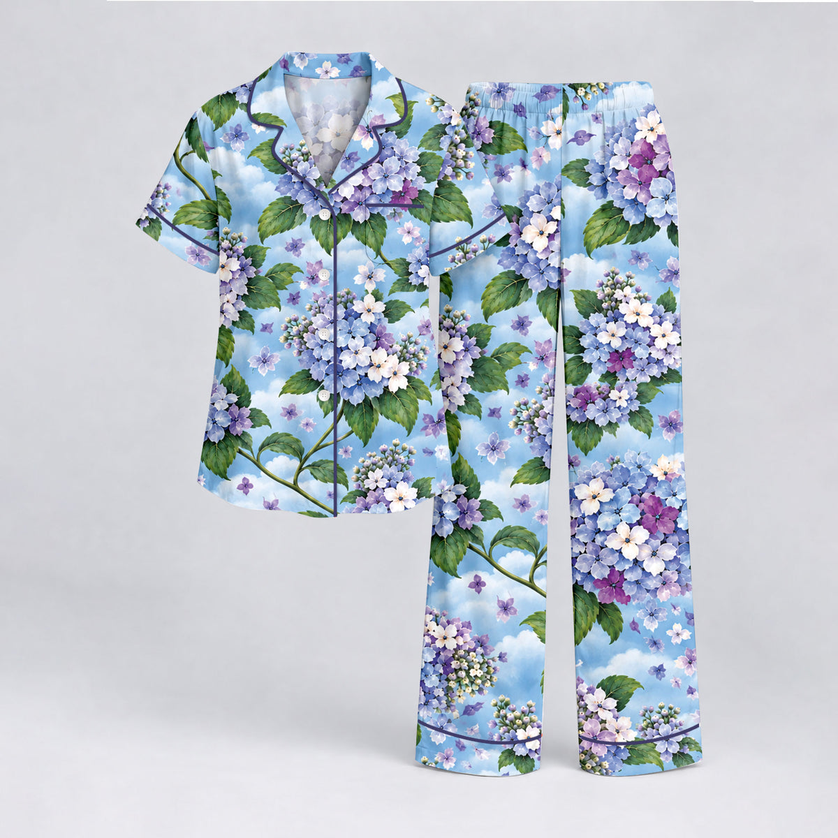 Floral Hydrangea Pajama Set, Blue Botanical Flower Sleepwear, Cozy Long Sleeve Button Down Pajamas For Women