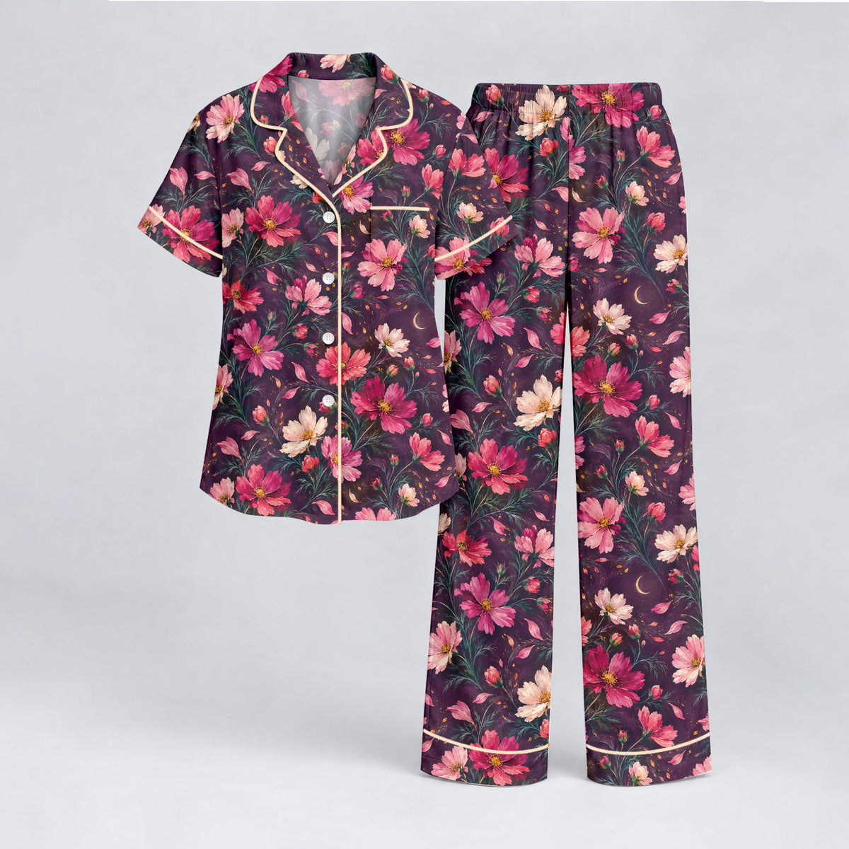 Floral Cosmos Pajama Set, Romantic Wildflower Sleepwear, Cozy Long Sleeve Button Down Pajamas For Women
