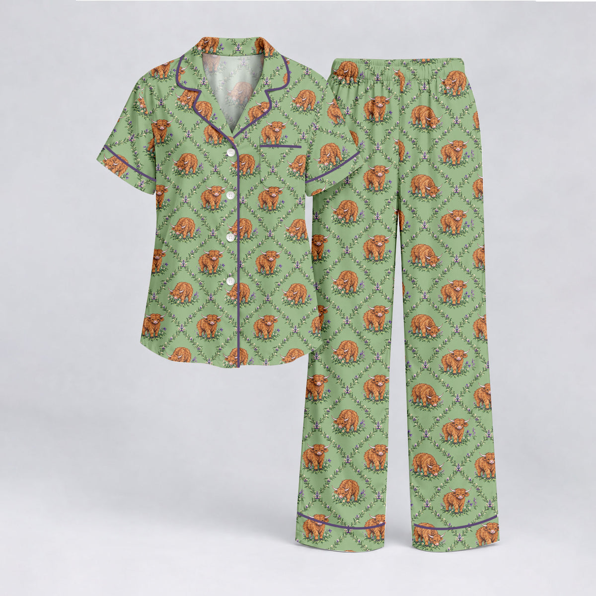 Highland Cow Pajama Set, Floral Highland Cow Sleepwear, Cozy Long Sleeve Button Down Pajamas For Women