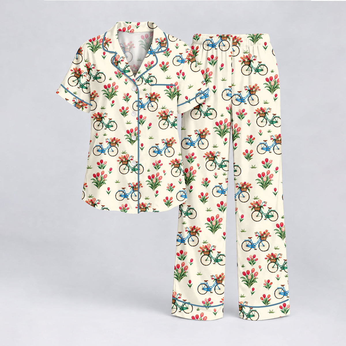Floral Bicycle Pajama Set, Vintage Tulip Garden Sleepwear, Cozy Long Sleeve Button Down Pajamas For Women