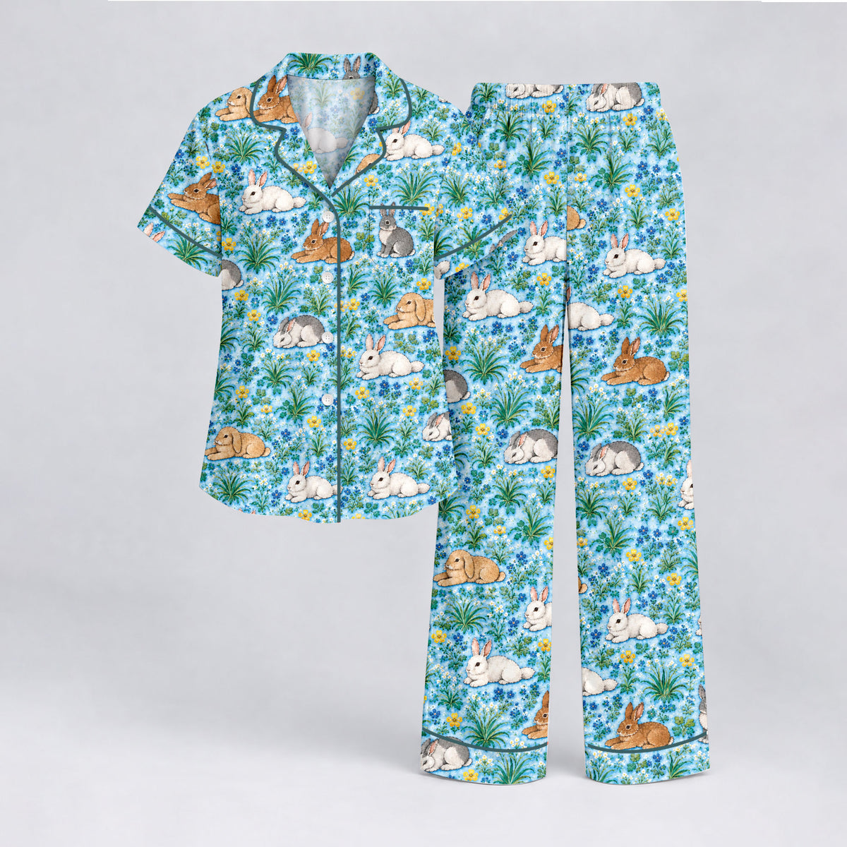 Floral Bunny Pajama Set, Cute Rabbit Garden Sleepwear, Cozy Long Sleeve Button Down Pajamas For Women