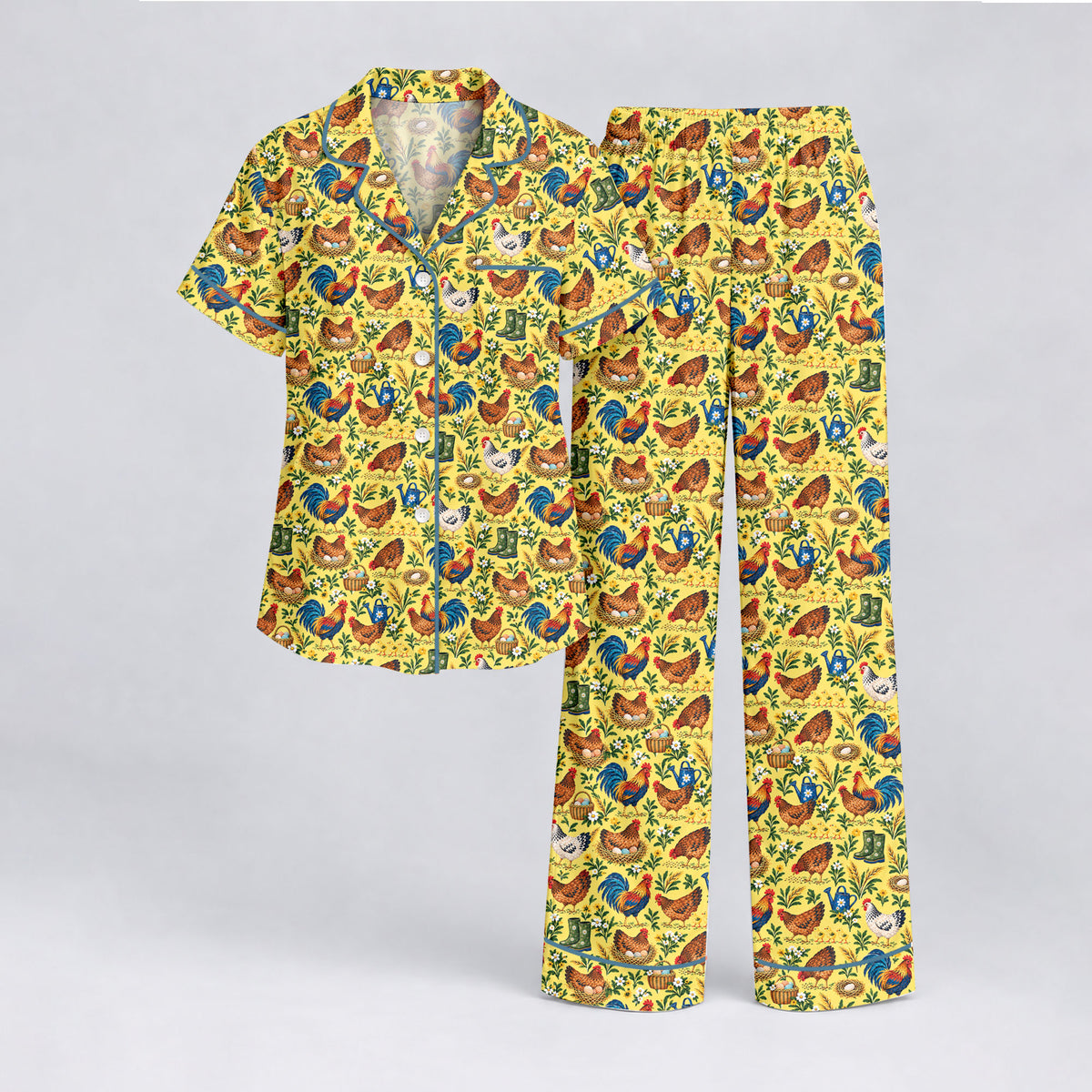 Chicken Farm Pajama Set, Vintage Rooster And Hen Sleepwear, Cozy Long Sleeve Button Down Pajamas For Women
