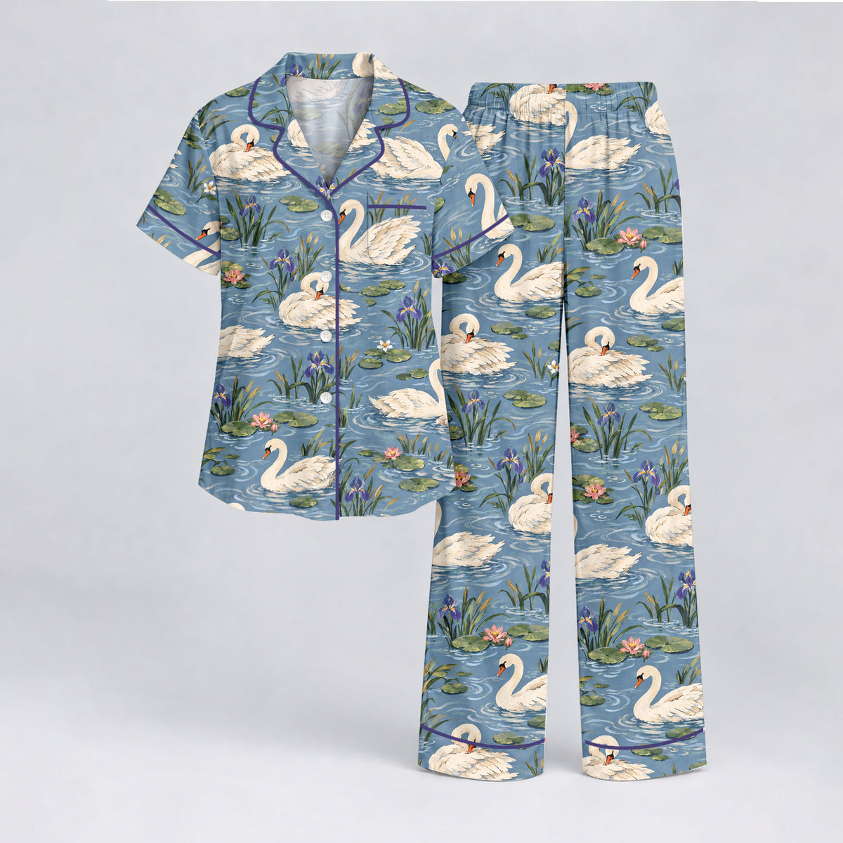 Elegant Swan Pajama Set, Vintage Swan Lake Sleepwear, Cozy Long Sleeve Button Down Pajamas For Women
