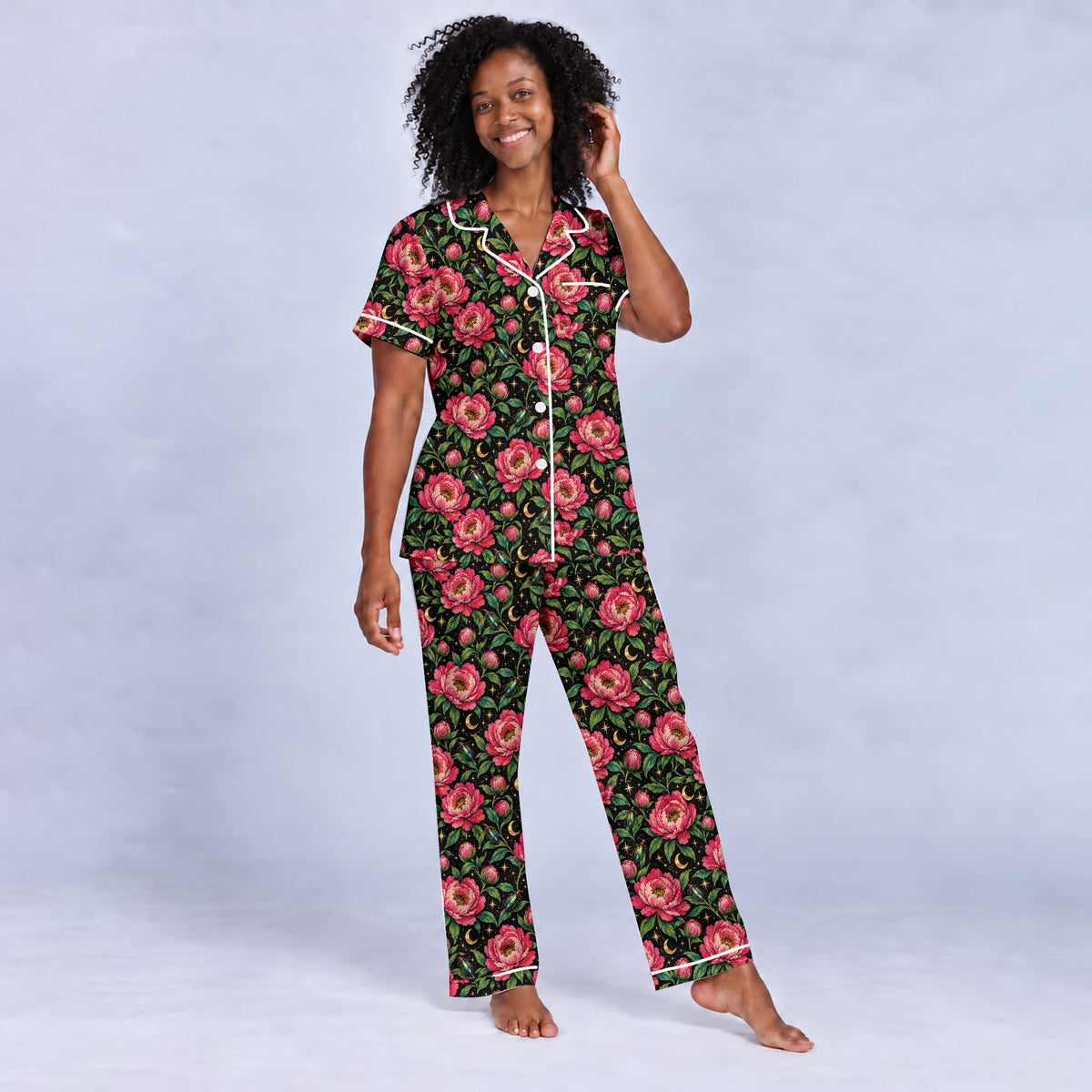Floral Peony Pajama Set, Celestial Moon Garden Sleepwear, Cozy Long Sleeve Button Down Pajamas For Women