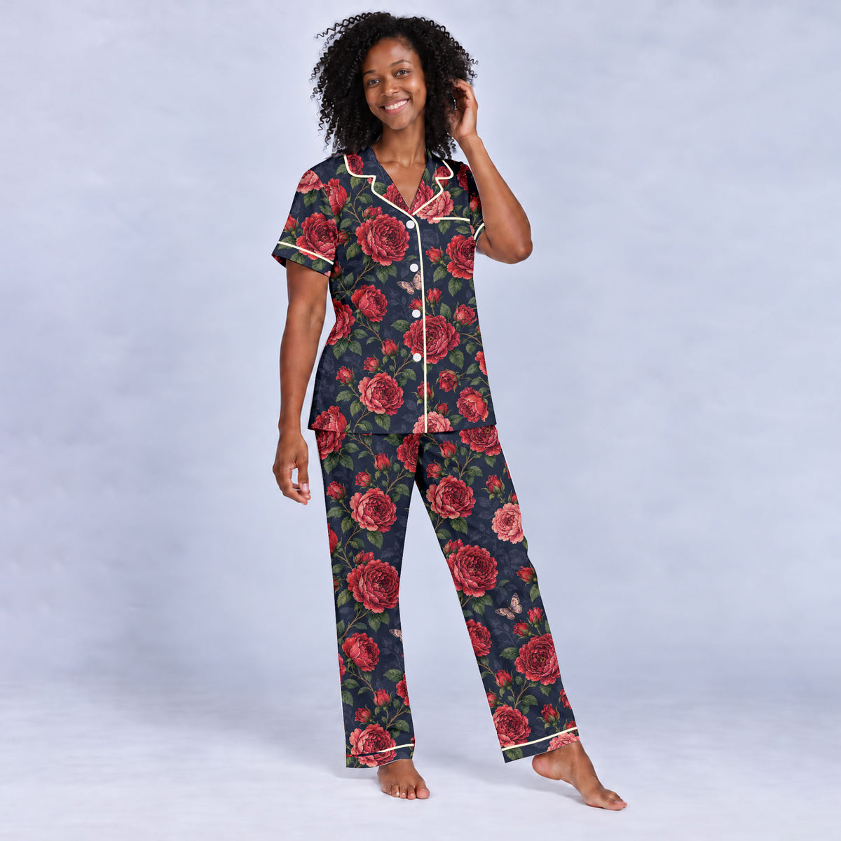 Floral Rose Pajama Set, Vintage Red Rose Butterfly Sleepwear, Cozy Long Sleeve Button Down Pajamas For Women