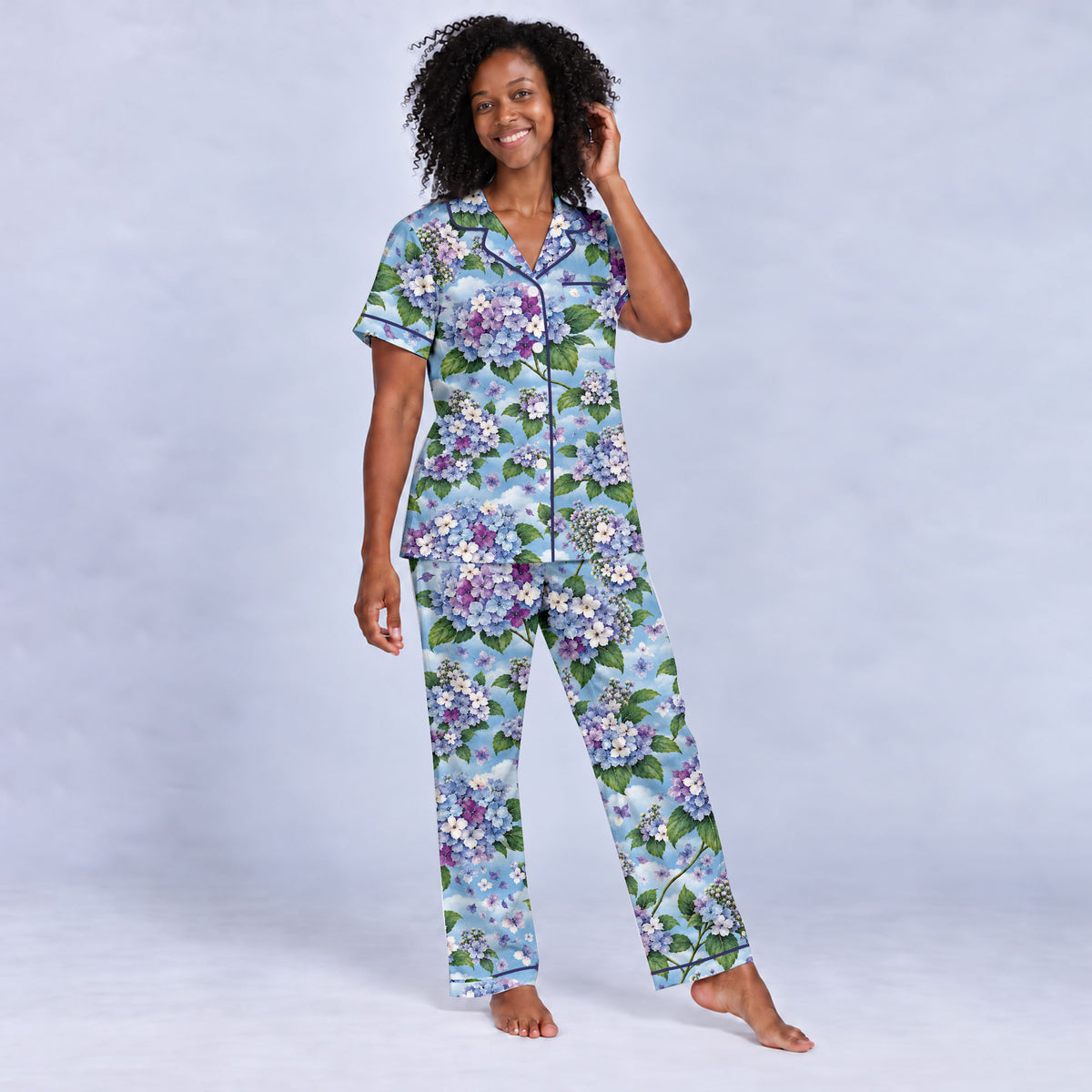 Floral Hydrangea Pajama Set, Blue Botanical Flower Sleepwear, Cozy Long Sleeve Button Down Pajamas For Women