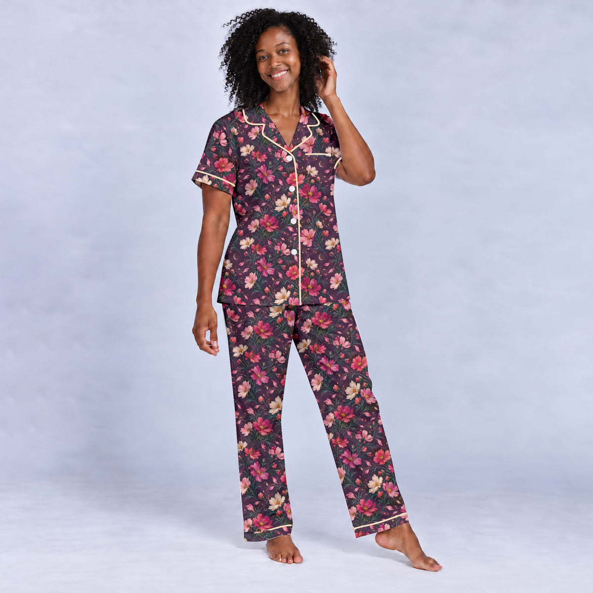 Floral Cosmos Pajama Set, Romantic Wildflower Sleepwear, Cozy Long Sleeve Button Down Pajamas For Women