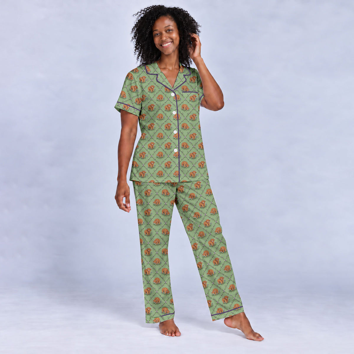 Highland Cow Pajama Set, Floral Highland Cow Sleepwear, Cozy Long Sleeve Button Down Pajamas For Women