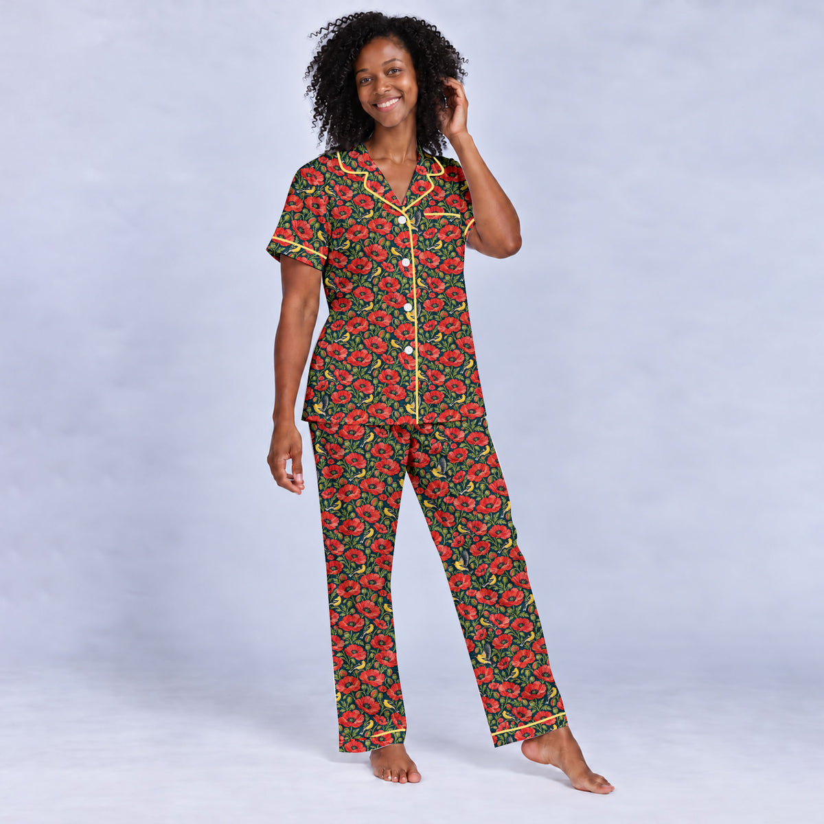 Floral Poppy Pajama Set, Vintage Wildflower Bird Sleepwear, Cozy Long Sleeve Button Down Pajamas For Women