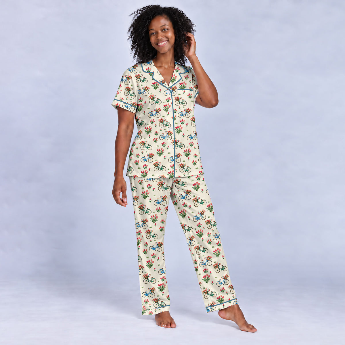 Floral Bicycle Pajama Set, Vintage Tulip Garden Sleepwear, Cozy Long Sleeve Button Down Pajamas For Women