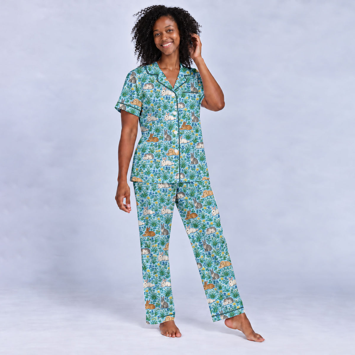 Floral Bunny Pajama Set, Cute Rabbit Garden Sleepwear, Cozy Long Sleeve Button Down Pajamas For Women