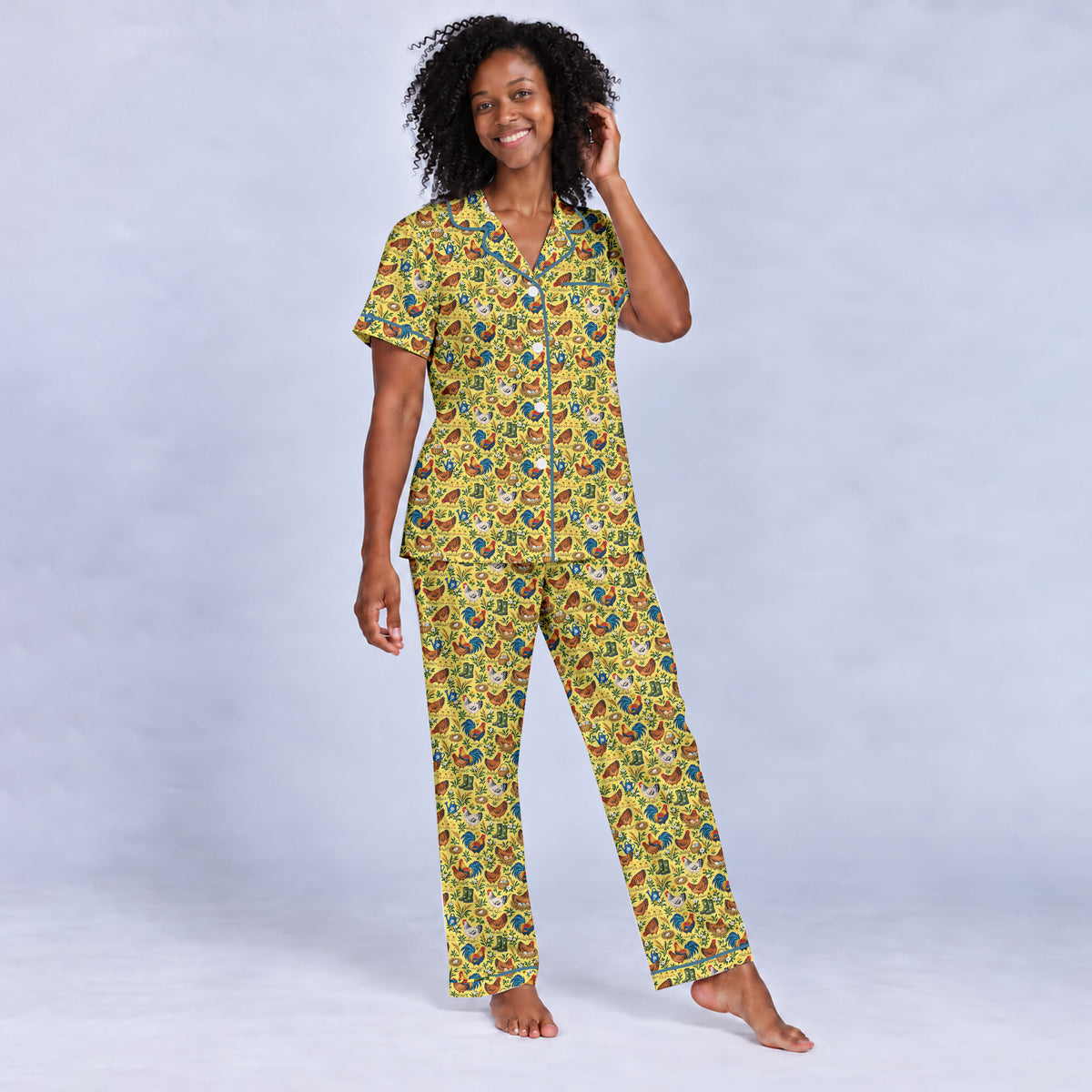 Chicken Farm Pajama Set, Vintage Rooster And Hen Sleepwear, Cozy Long Sleeve Button Down Pajamas For Women
