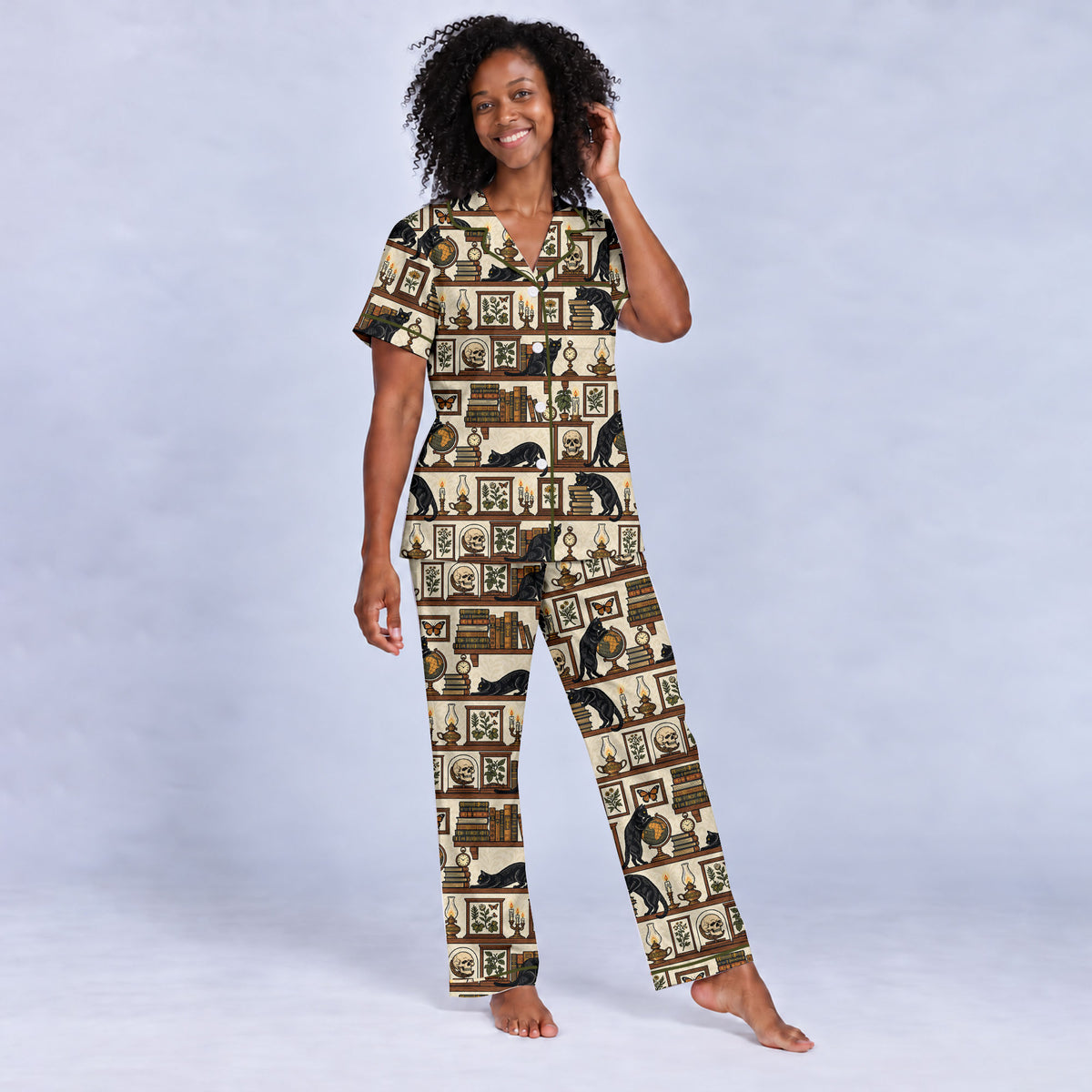 Gothic Black Cat Pajama Set, Vintage Library Cat Sleepwear, Cozy Long Sleeve Button Down Pajamas For Women