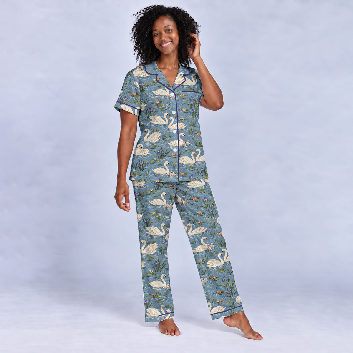 Elegant Swan Pajama Set, Vintage Swan Lake Sleepwear, Cozy Long Sleeve Button Down Pajamas For Women