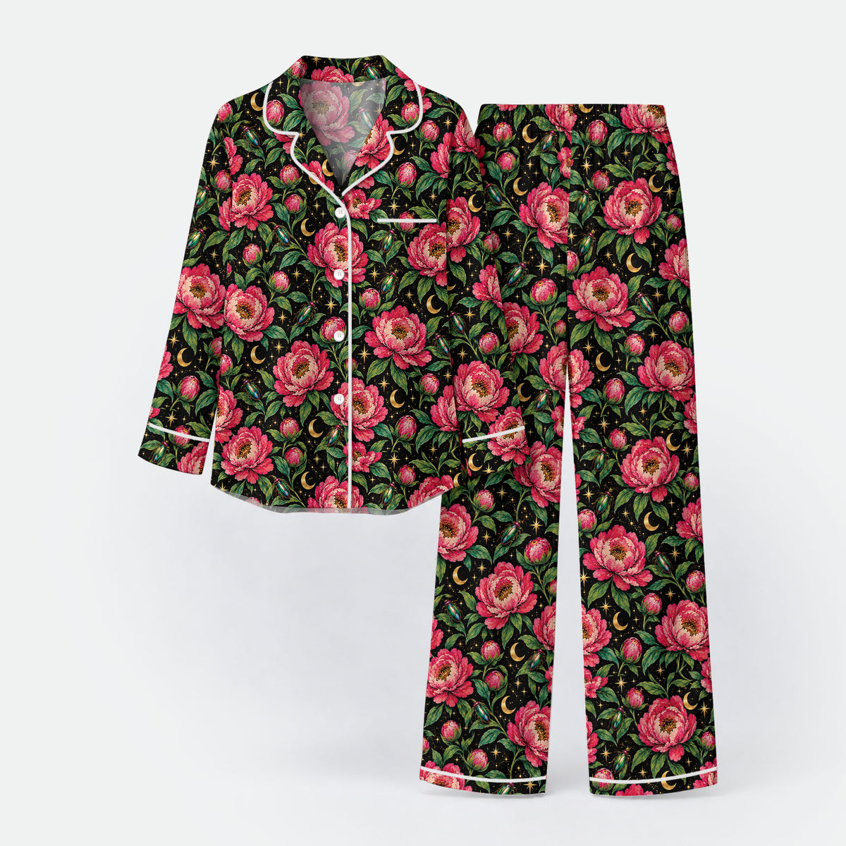 Floral Peony Pajama Set, Celestial Moon Garden Sleepwear, Cozy Long Sleeve Button Down Pajamas For Women