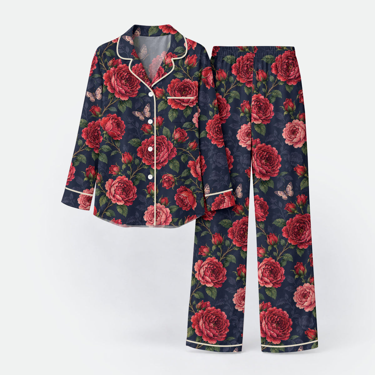 Floral Rose Pajama Set, Vintage Red Rose Butterfly Sleepwear, Cozy Long Sleeve Button Down Pajamas For Women