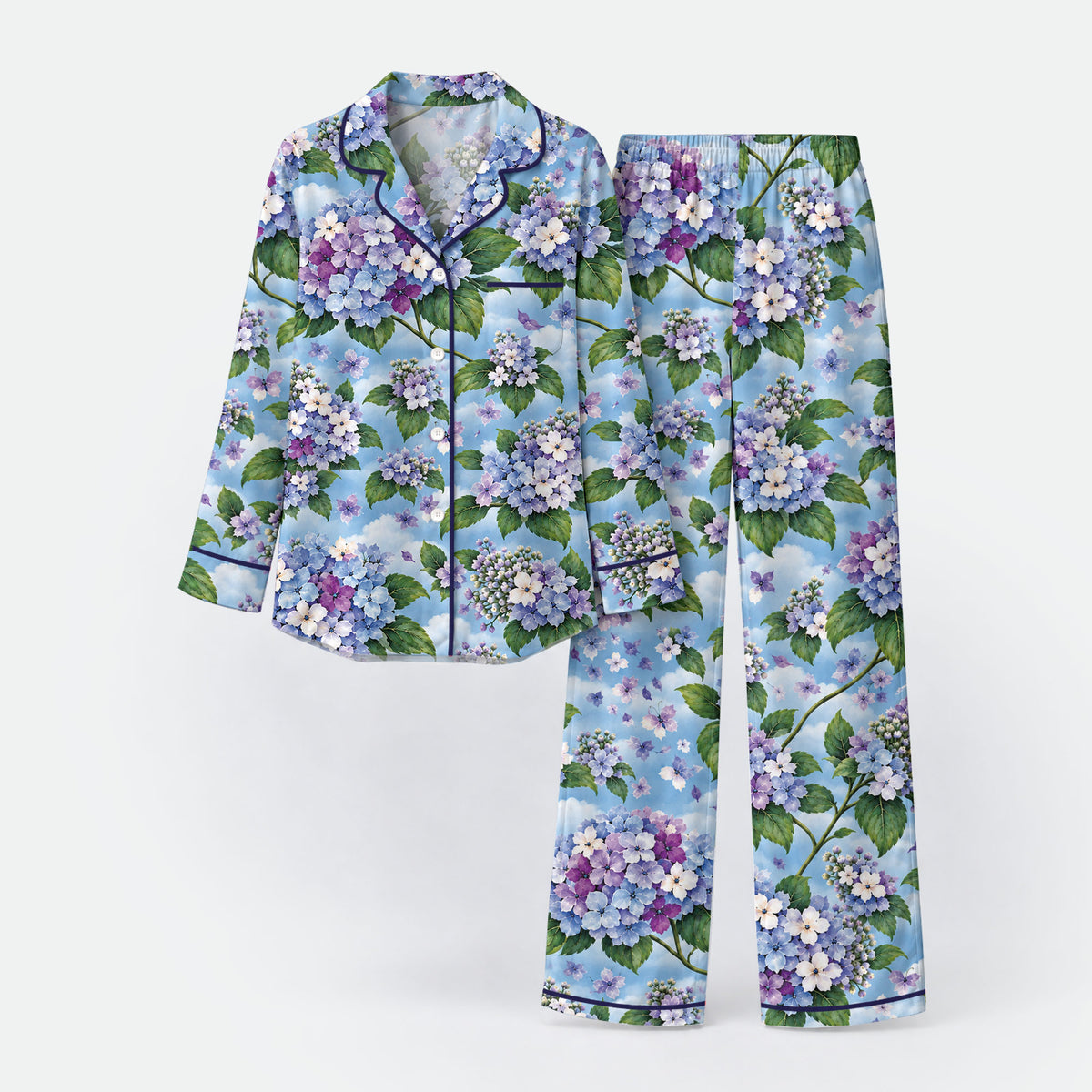 Floral Hydrangea Pajama Set, Blue Botanical Flower Sleepwear, Cozy Long Sleeve Button Down Pajamas For Women