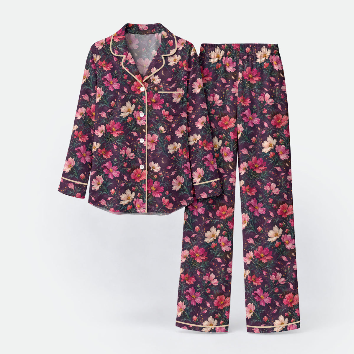 Floral Cosmos Pajama Set, Romantic Wildflower Sleepwear, Cozy Long Sleeve Button Down Pajamas For Women