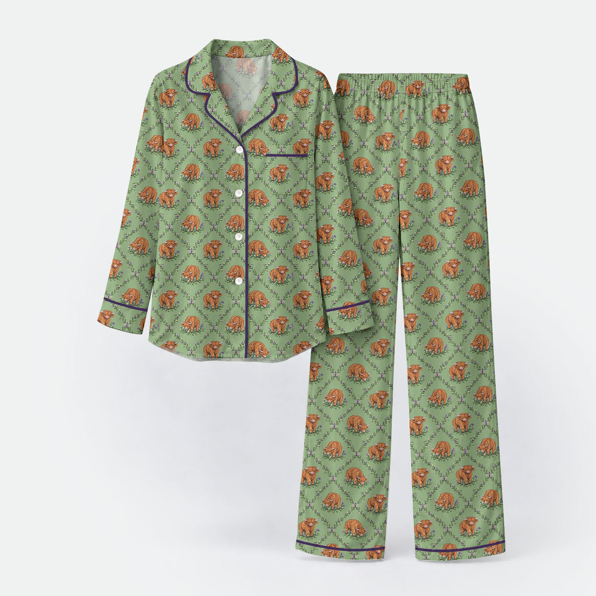 Highland Cow Pajama Set, Floral Highland Cow Sleepwear, Cozy Long Sleeve Button Down Pajamas For Women