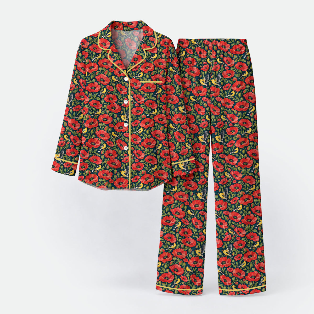 Floral Poppy Pajama Set, Vintage Wildflower Bird Sleepwear, Cozy Long Sleeve Button Down Pajamas For Women