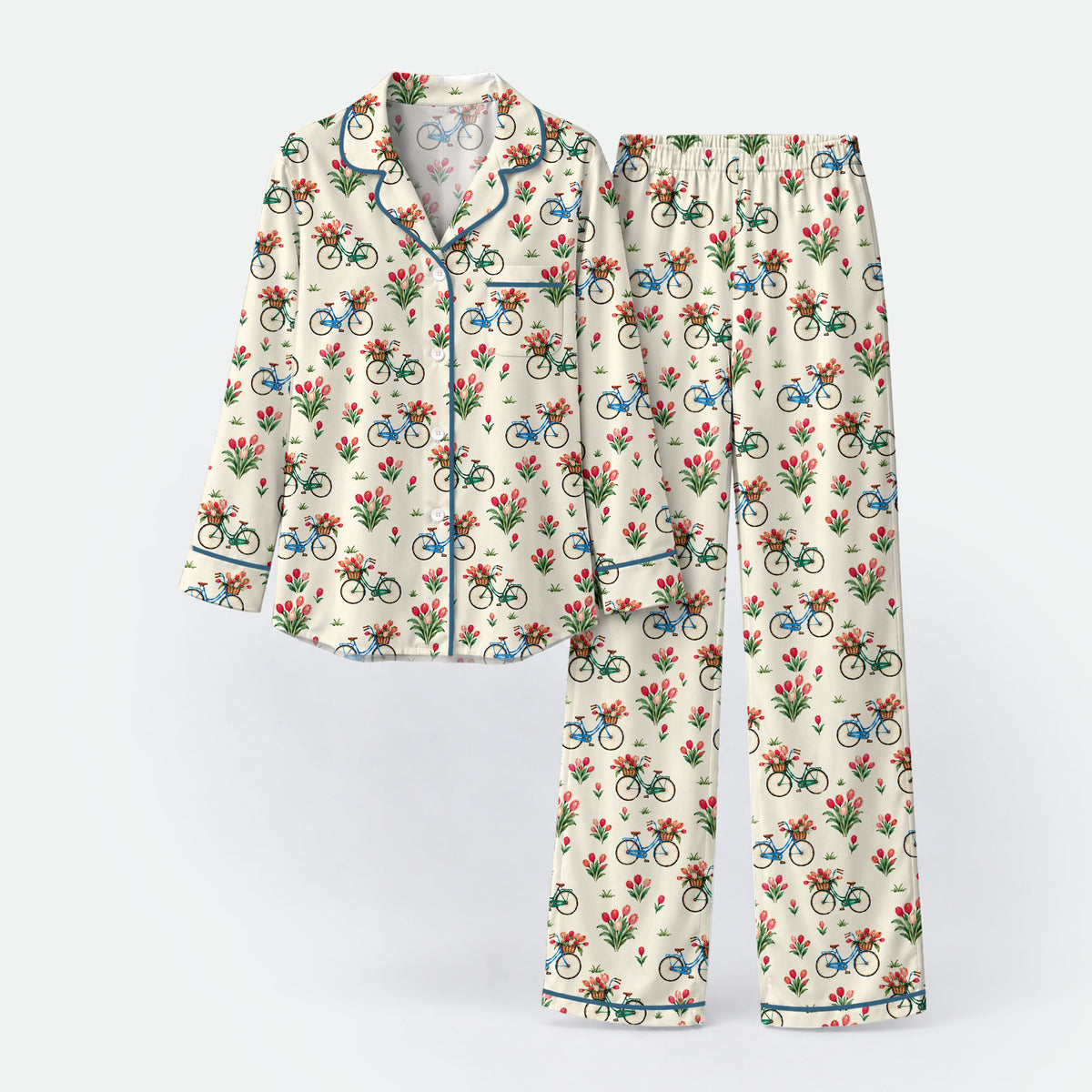 Floral Bicycle Pajama Set, Vintage Tulip Garden Sleepwear, Cozy Long Sleeve Button Down Pajamas For Women