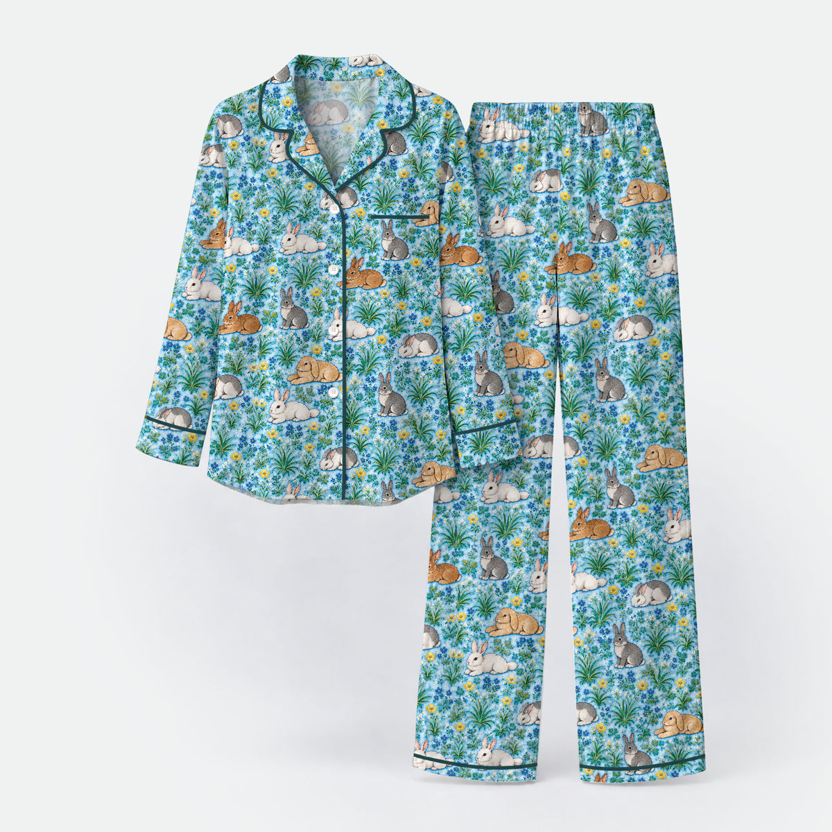 Floral Bunny Pajama Set, Cute Rabbit Garden Sleepwear, Cozy Long Sleeve Button Down Pajamas For Women