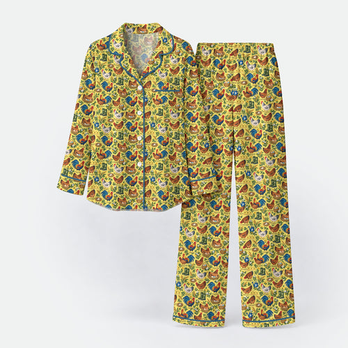 Chicken Farm Pajama Set, Vintage Rooster And Hen Sleepwear, Cozy Long Sleeve Button Down Pajamas For Women