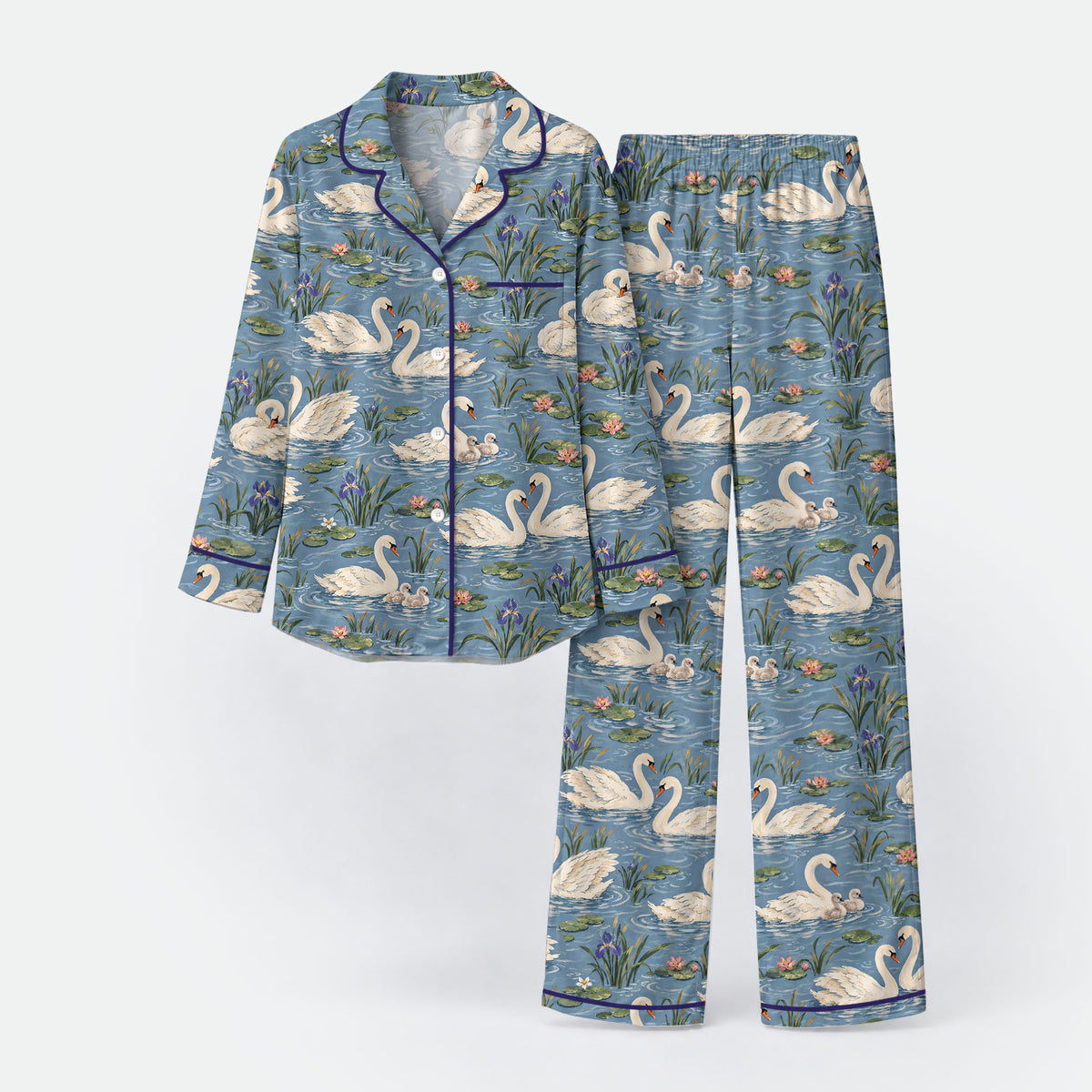 Elegant Swan Pajama Set, Vintage Swan Lake Sleepwear, Cozy Long Sleeve Button Down Pajamas For Women