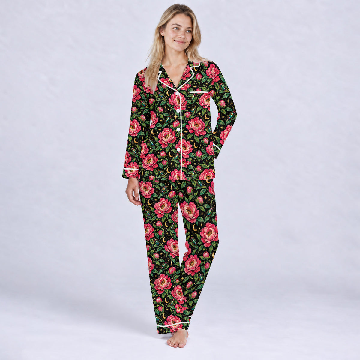 Floral Peony Pajama Set, Celestial Moon Garden Sleepwear, Cozy Long Sleeve Button Down Pajamas For Women