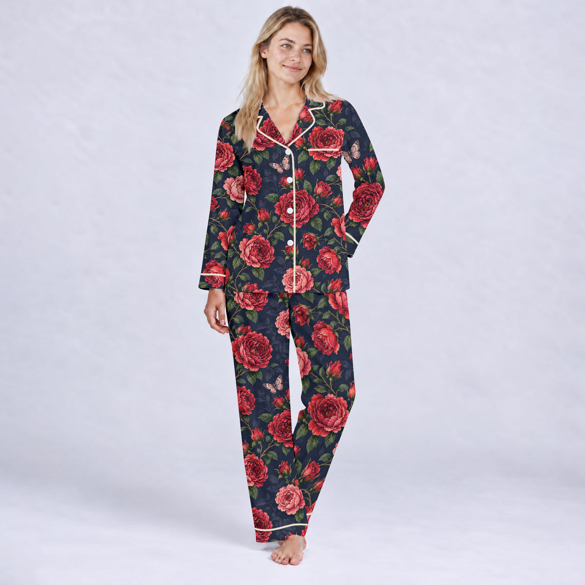 Floral Rose Pajama Set, Vintage Red Rose Butterfly Sleepwear, Cozy Long Sleeve Button Down Pajamas For Women