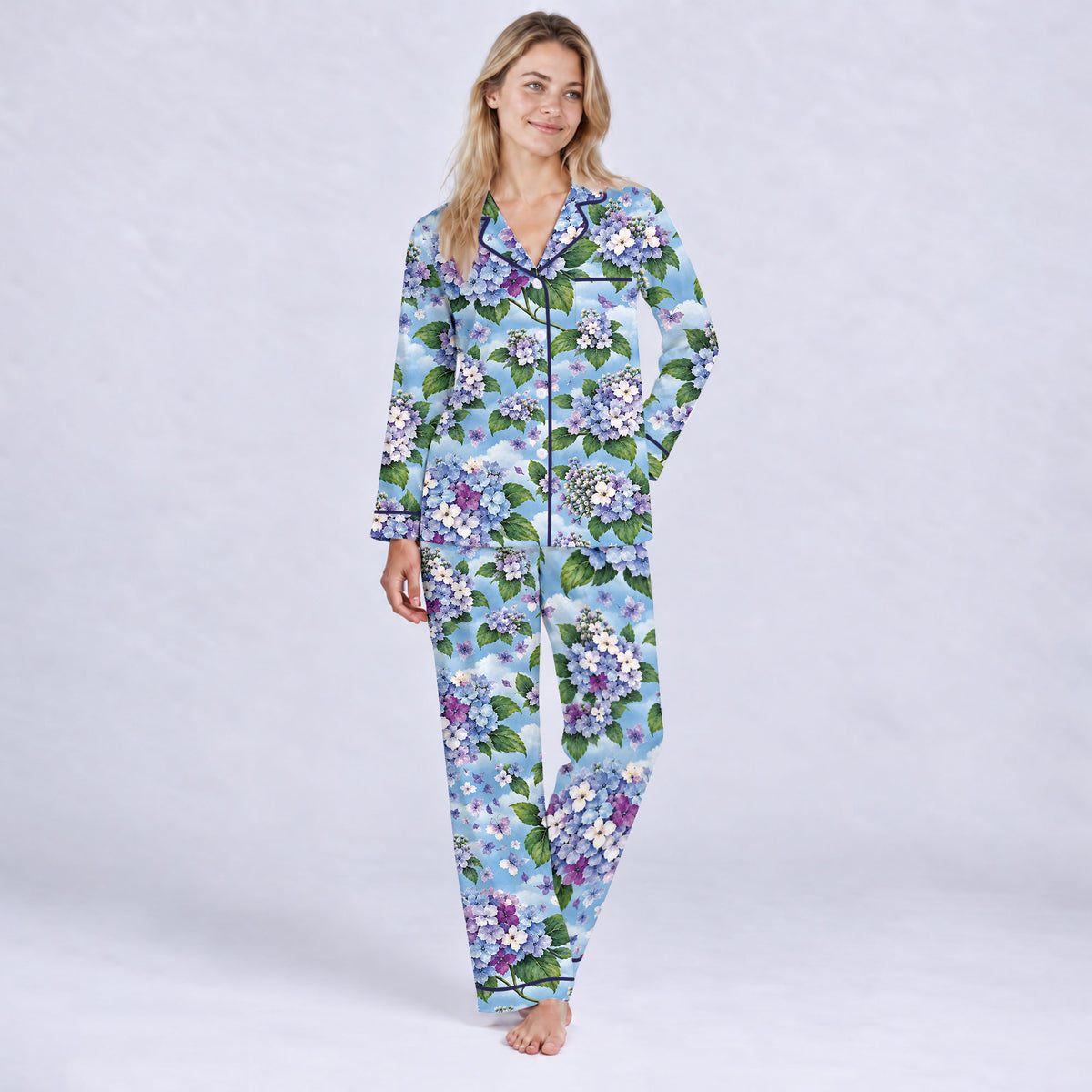 Floral Hydrangea Pajama Set, Blue Botanical Flower Sleepwear, Cozy Long Sleeve Button Down Pajamas For Women