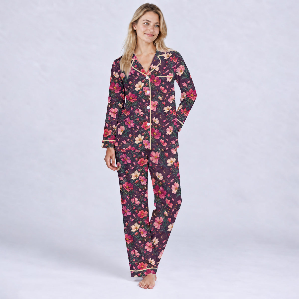 Floral Cosmos Pajama Set, Romantic Wildflower Sleepwear, Cozy Long Sleeve Button Down Pajamas For Women