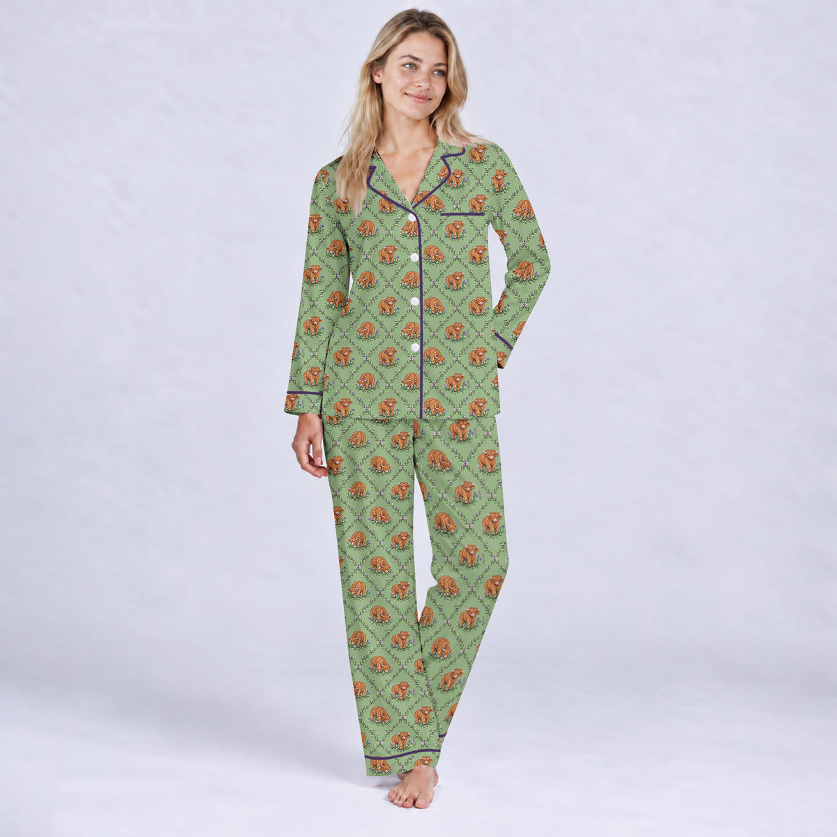 Highland Cow Pajama Set, Floral Highland Cow Sleepwear, Cozy Long Sleeve Button Down Pajamas For Women