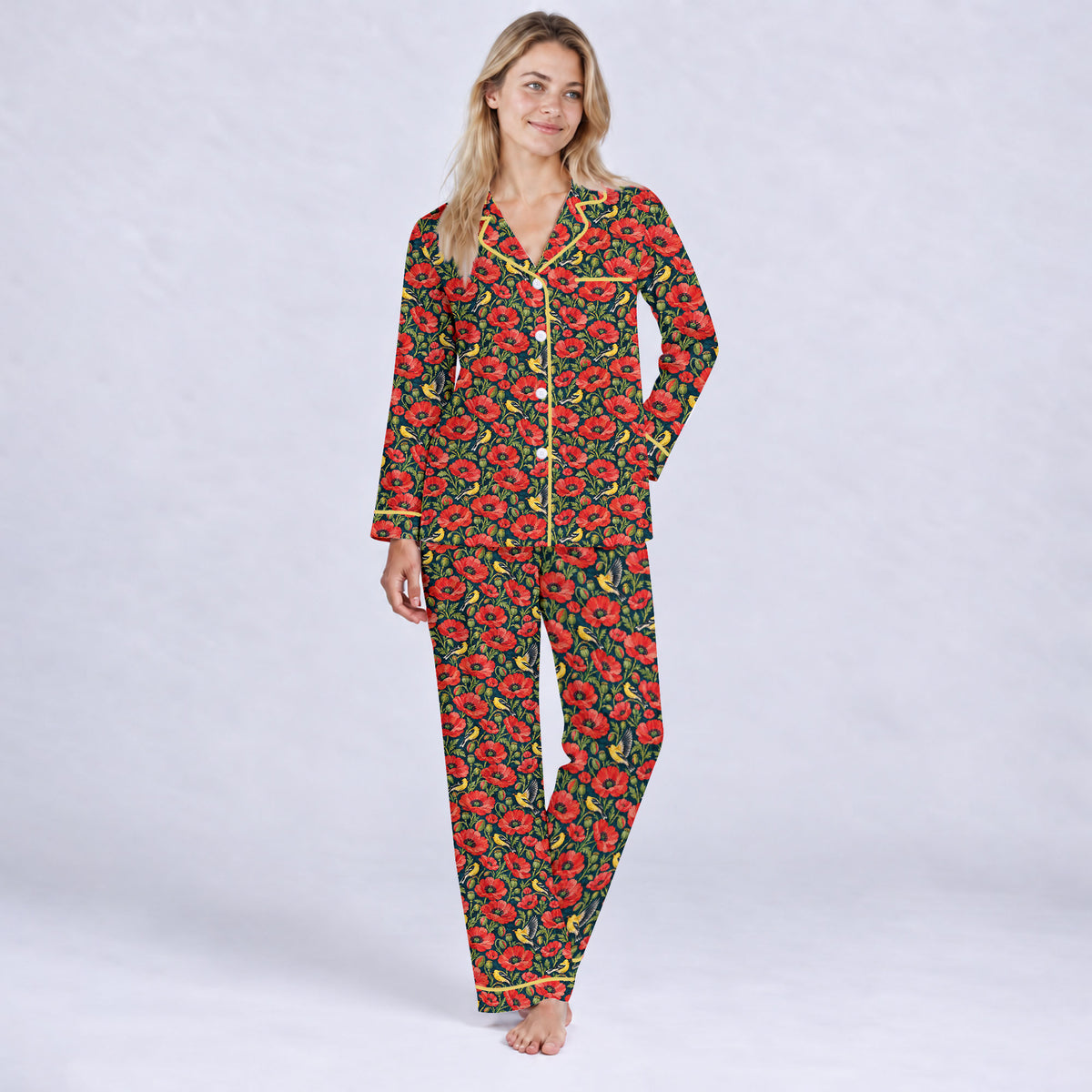 Floral Poppy Pajama Set, Vintage Wildflower Bird Sleepwear, Cozy Long Sleeve Button Down Pajamas For Women