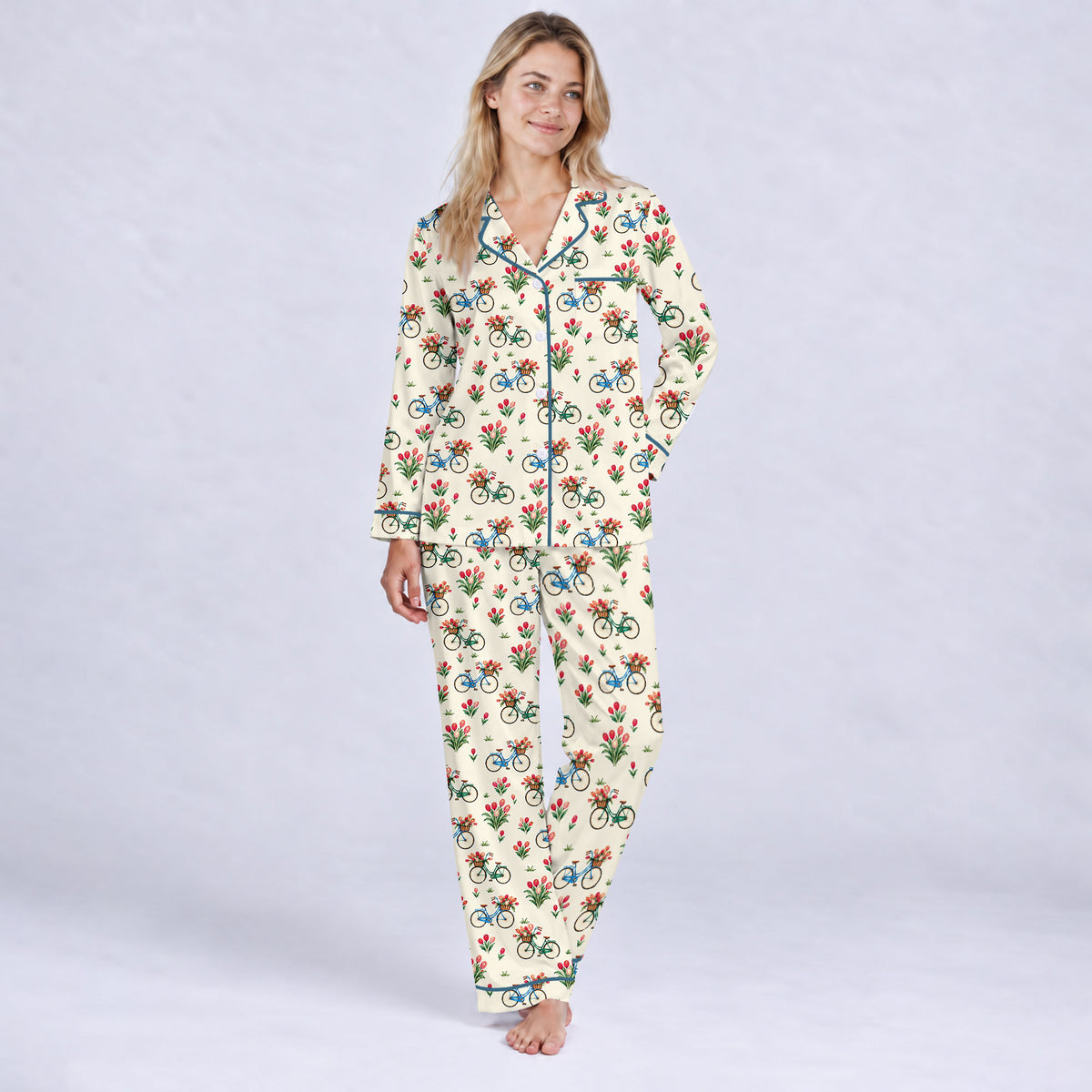 Floral Bicycle Pajama Set, Vintage Tulip Garden Sleepwear, Cozy Long Sleeve Button Down Pajamas For Women