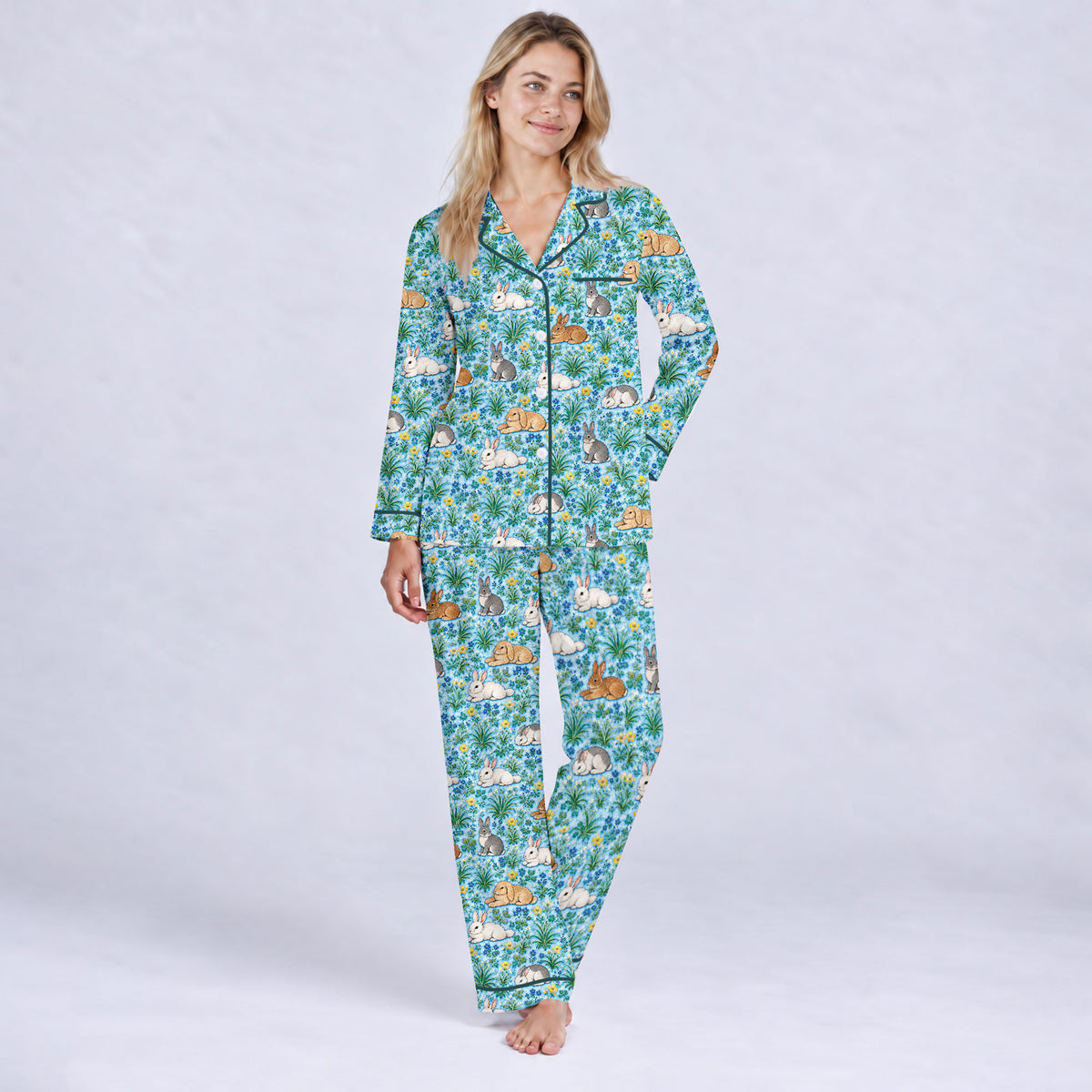 Floral Bunny Pajama Set, Cute Rabbit Garden Sleepwear, Cozy Long Sleeve Button Down Pajamas For Women