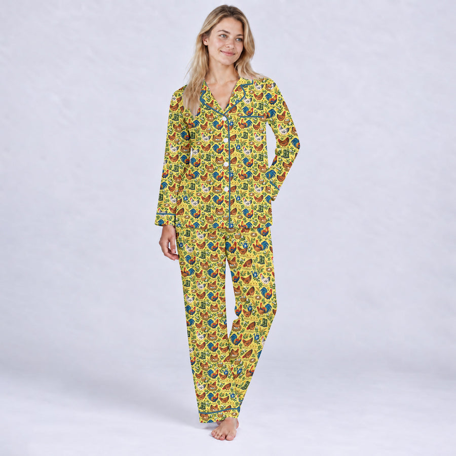 Chicken Farm Pajama Set, Vintage Rooster And Hen Sleepwear, Cozy Long Sleeve Button Down Pajamas For Women