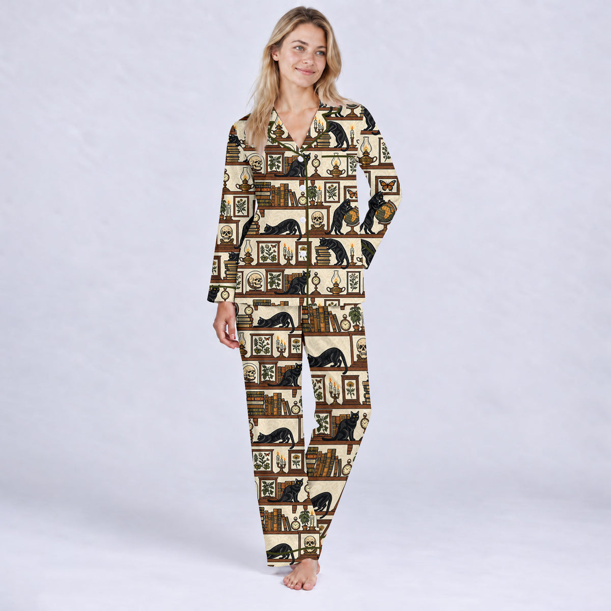Gothic Black Cat Pajama Set, Vintage Library Cat Sleepwear, Cozy Long Sleeve Button Down Pajamas For Women