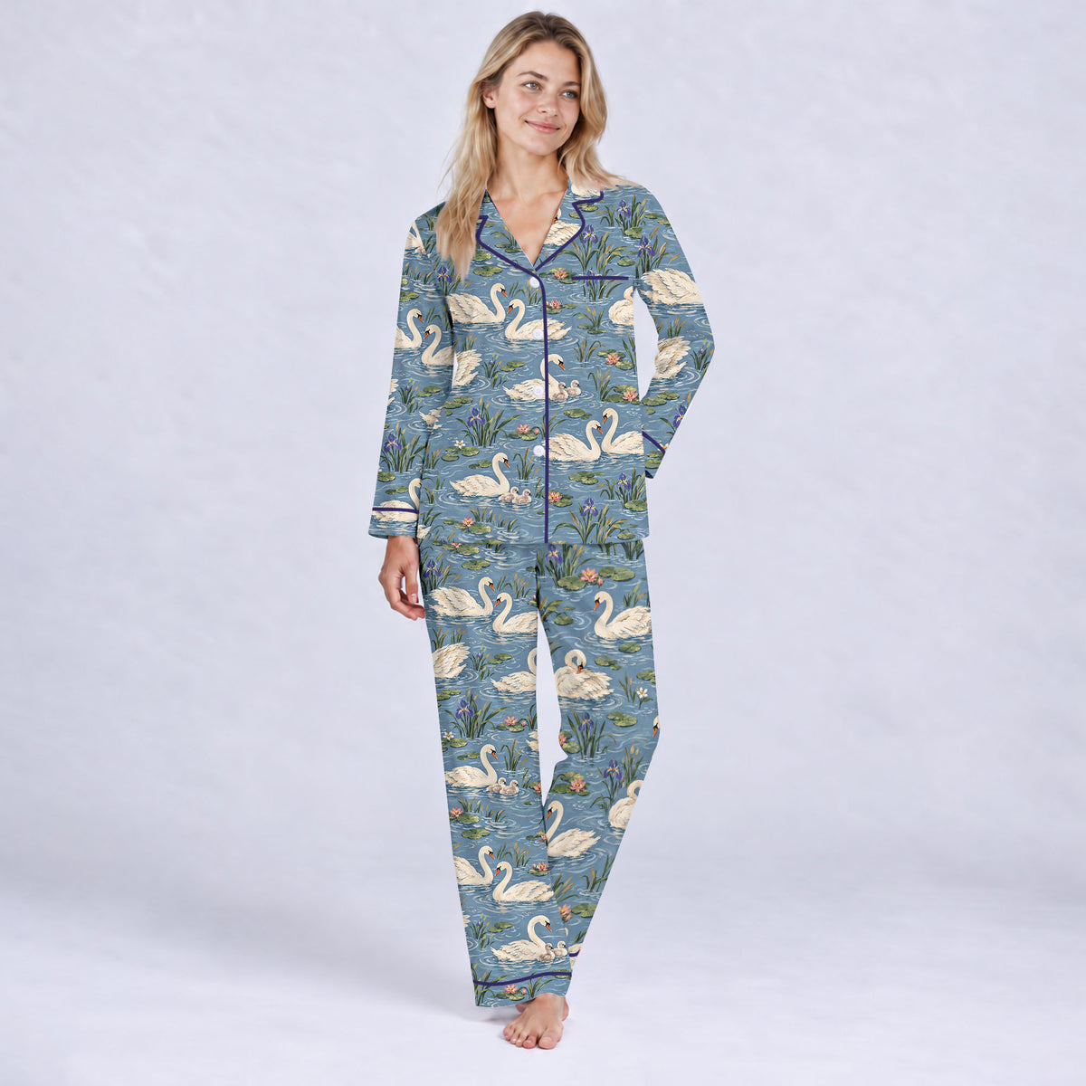 Elegant Swan Pajama Set, Vintage Swan Lake Sleepwear, Cozy Long Sleeve Button Down Pajamas For Women