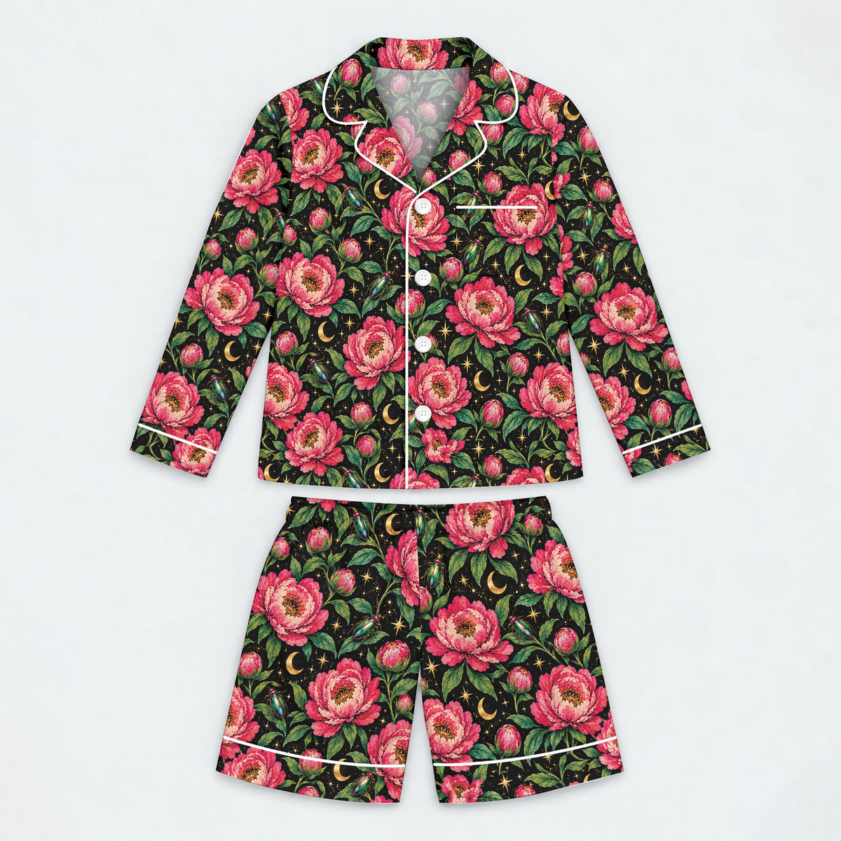 Floral Peony Pajama Set, Celestial Moon Garden Sleepwear, Cozy Long Sleeve Button Down Pajamas For Kids
