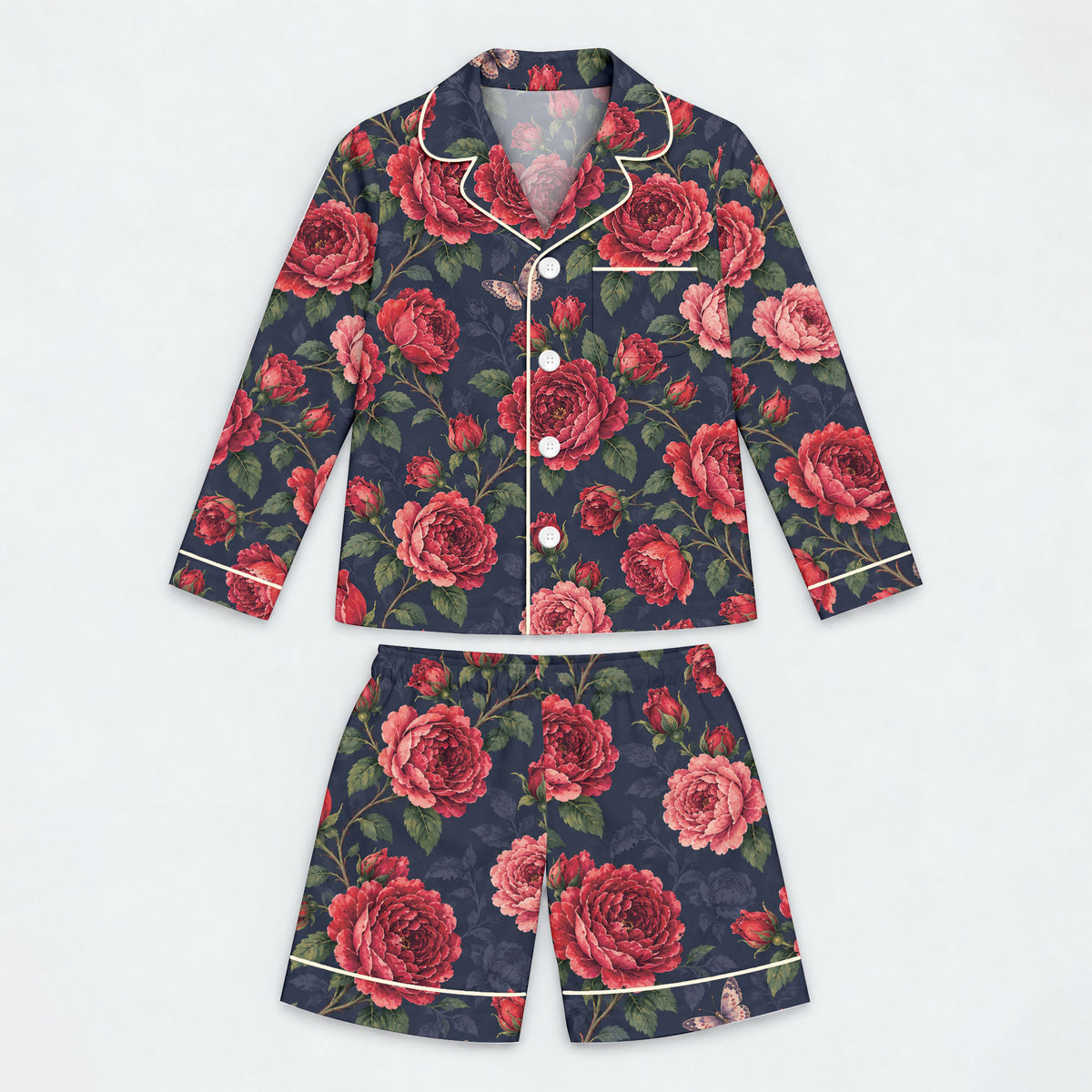 Floral Rose Pajama Set, Vintage Red Rose Butterfly Sleepwear, Cozy Long Sleeve Button Down Pajamas For Kids