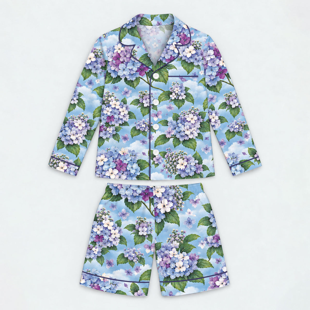 Floral Hydrangea Pajama Set, Blue Botanical Flower Sleepwear, Cozy Long Sleeve Button Down Pajamas For Kids