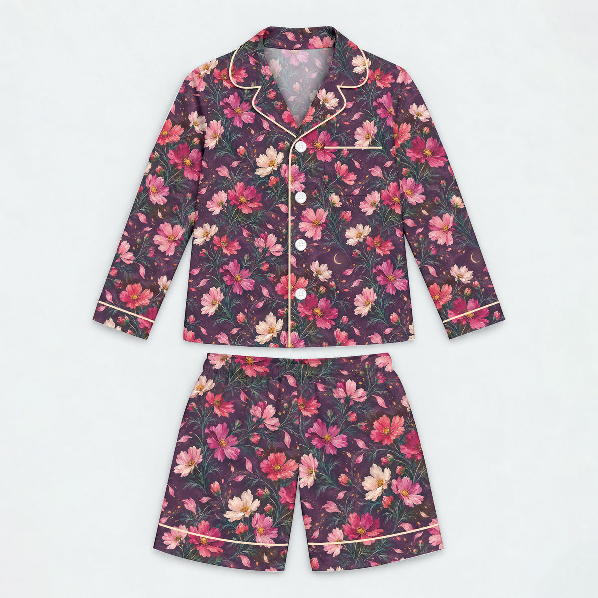 Floral Cosmos Pajama Set, Romantic Wildflower Sleepwear, Cozy Long Sleeve Button Down Pajamas For Kids