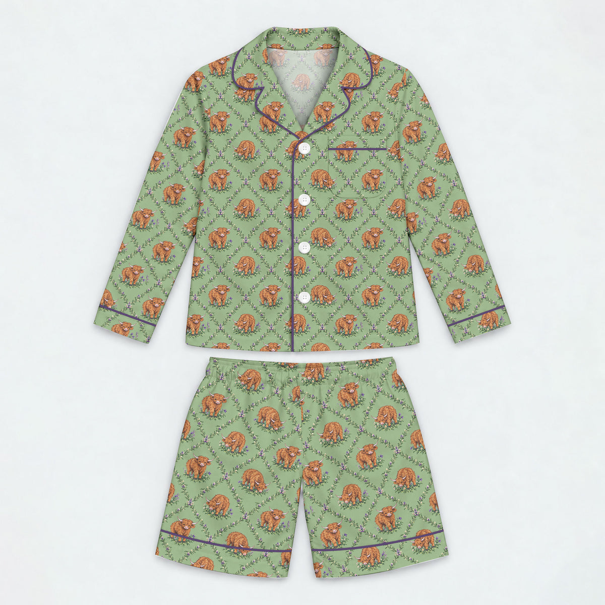 Highland Cow Pajama Set, Floral Highland Cow Sleepwear, Cozy Long Sleeve Button Down Pajamas For Kid