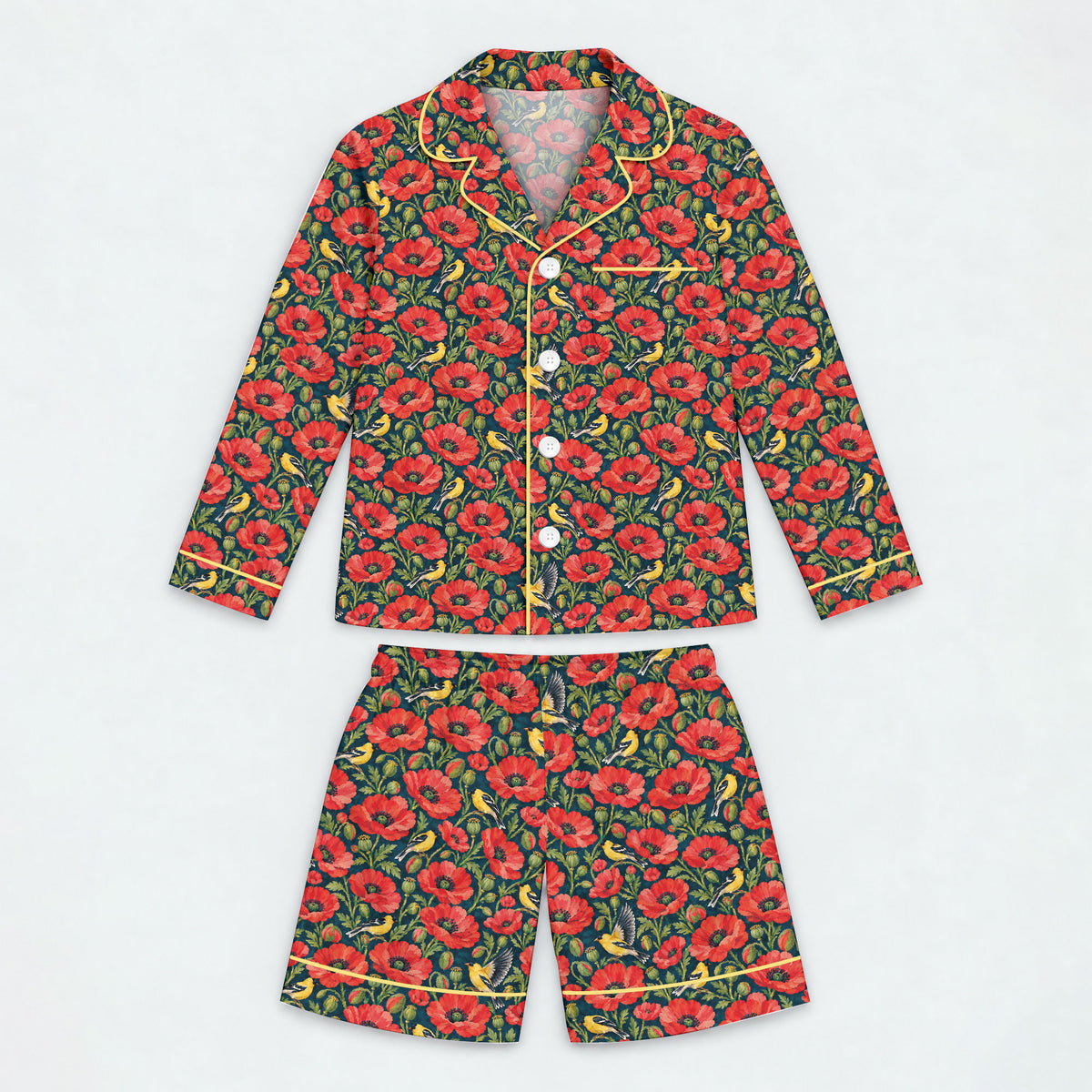 Floral Poppy Pajama Set, Vintage Wildflower Bird Sleepwear, Cozy Long Sleeve Button Down Pajamas For Kids