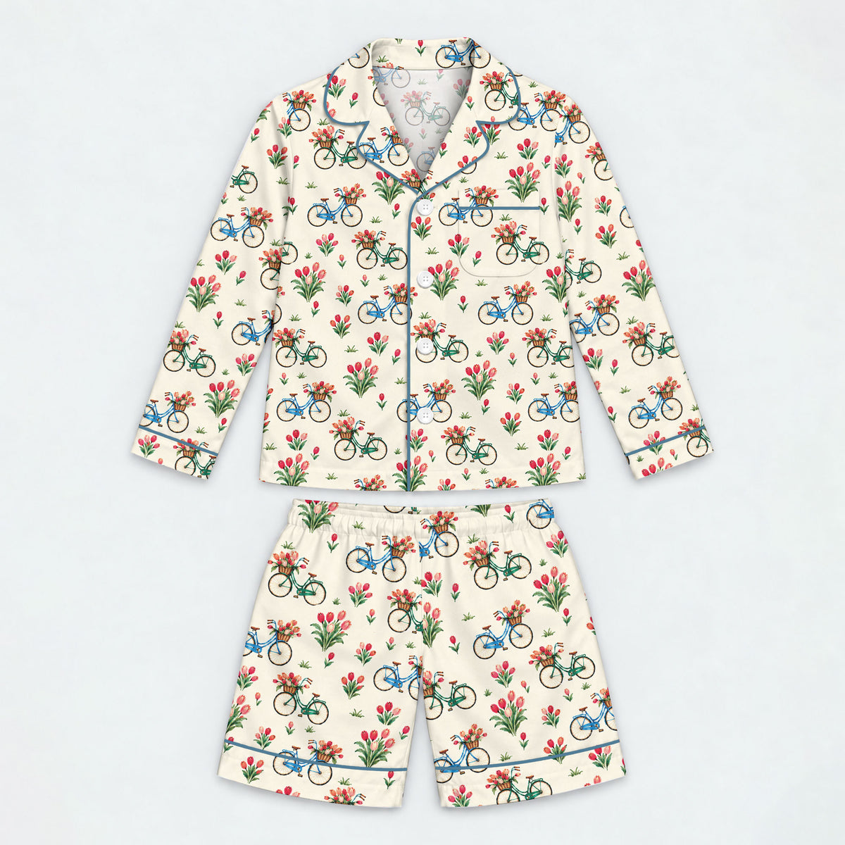 Floral Bicycle Pajama Set, Vintage Tulip Garden Sleepwear, Cozy Long Sleeve Button Down Pajamas For Kids