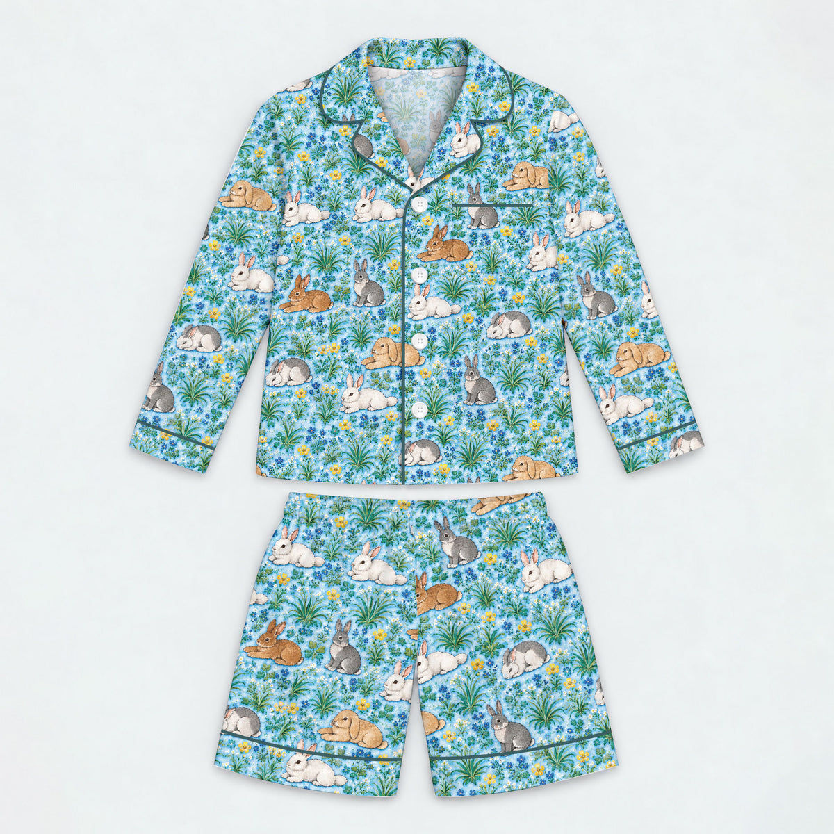Floral Bunny Pajama Set, Cute Rabbit Garden Sleepwear, Cozy Long Sleeve Button Down Pajamas For Kids