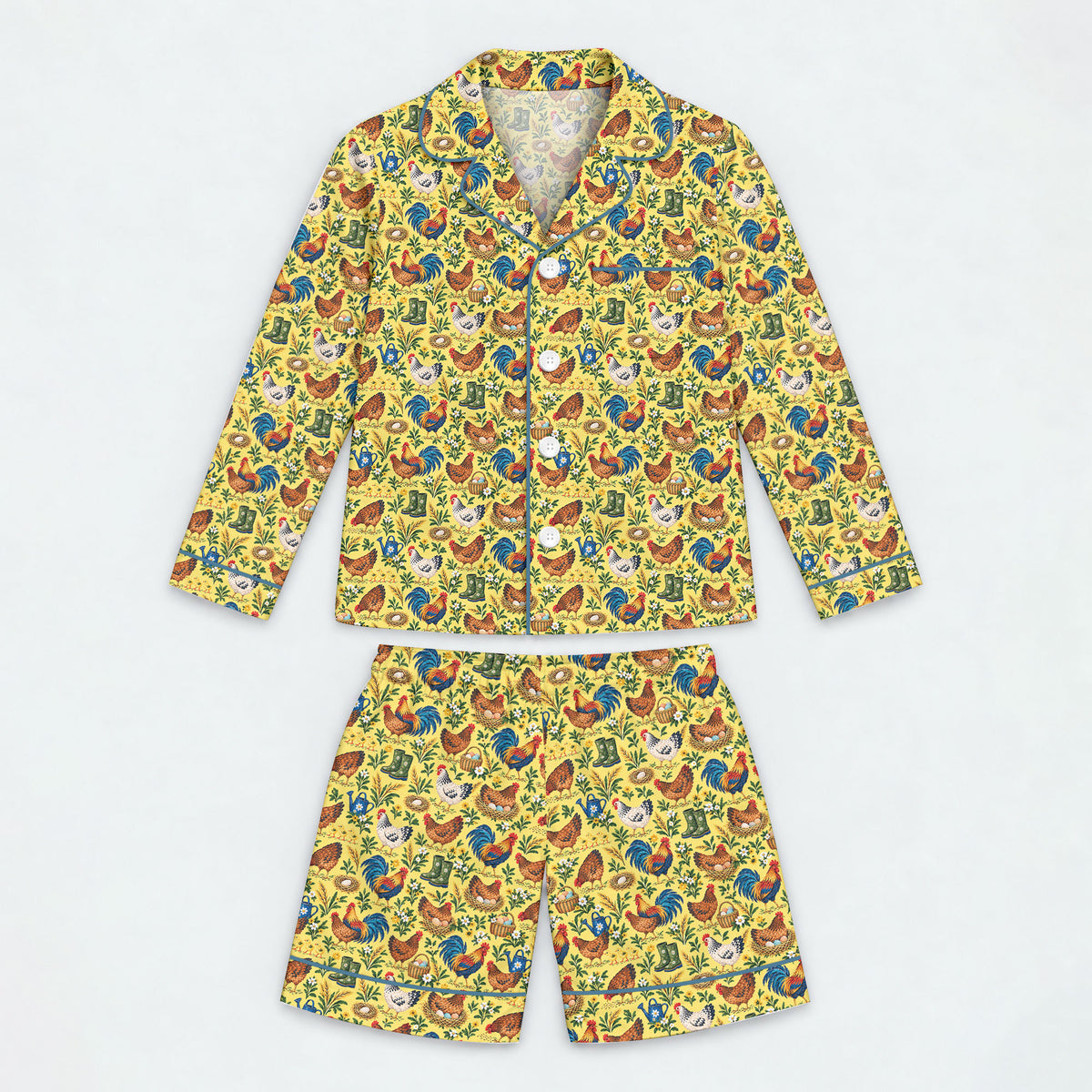 Chicken Farm Pajama Set, Vintage Rooster And Hen Sleepwear, Cozy Long Sleeve Button Down Pajamas For Kids